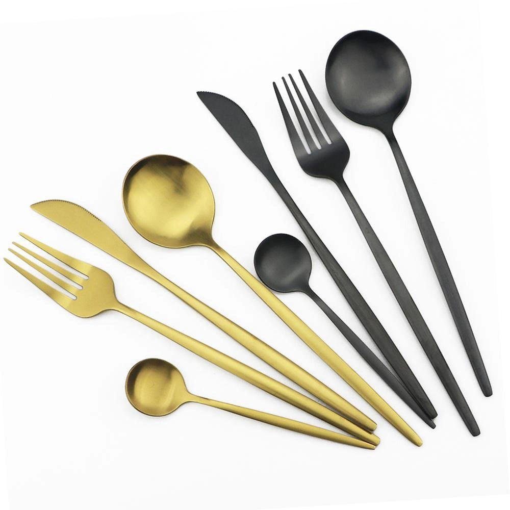 Matte black stainless steel cutlery set featuring a modern minimalist design, displayed on a wooden surface.