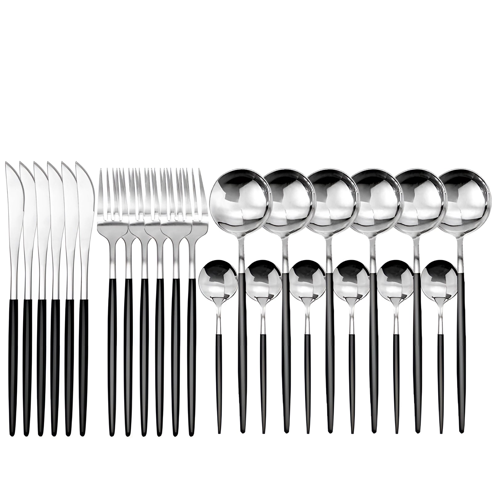 Matte black stainless steel cutlery set featuring a modern design, displayed in a symmetrical arrangement with a monochrome silver-black finish, highlighting the sleek, metallic appearance.