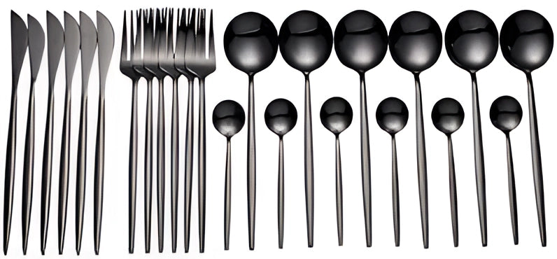 Matte black stainless steel luxury designer cutlery set featuring a sleek and modern design with symmetrical patterns, including forks, knives, and spoons made from durable metal, elegantly displayed on a rectangular surface.