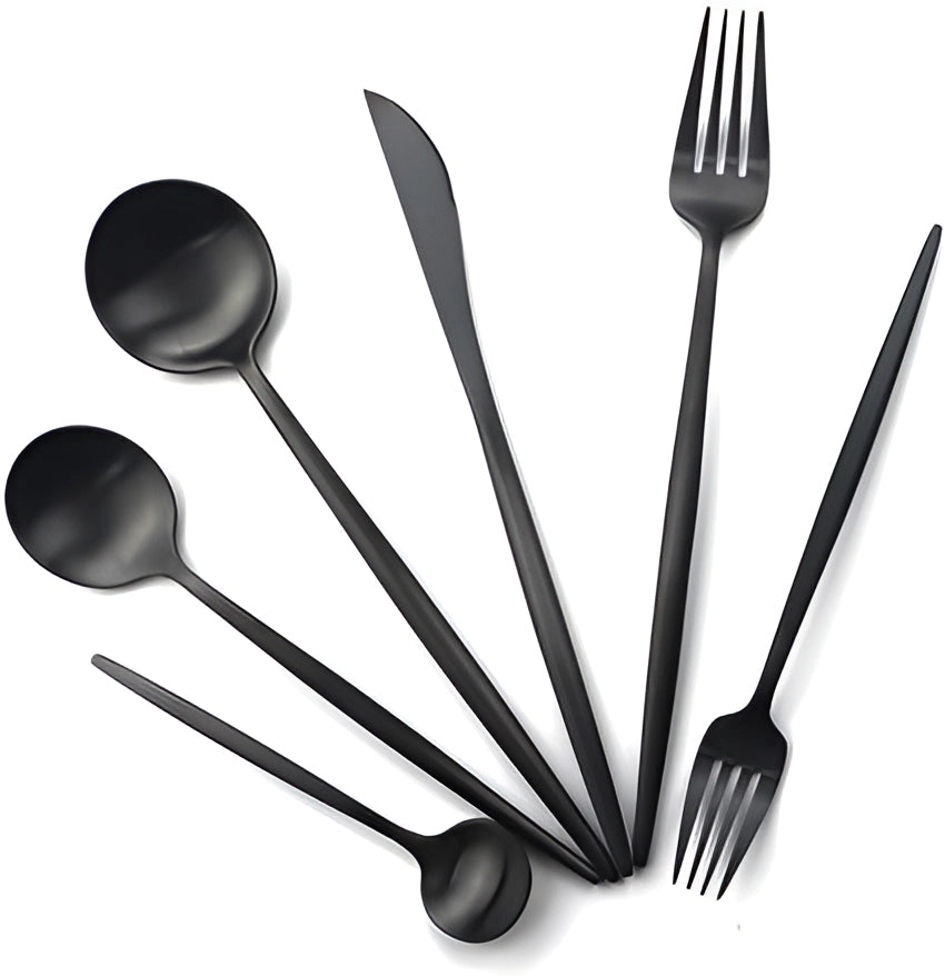 Matte black stainless steel cutlery set displayed in a modern minimalist style, featuring forks, knives, and spoons elegantly arranged against a neutral background.