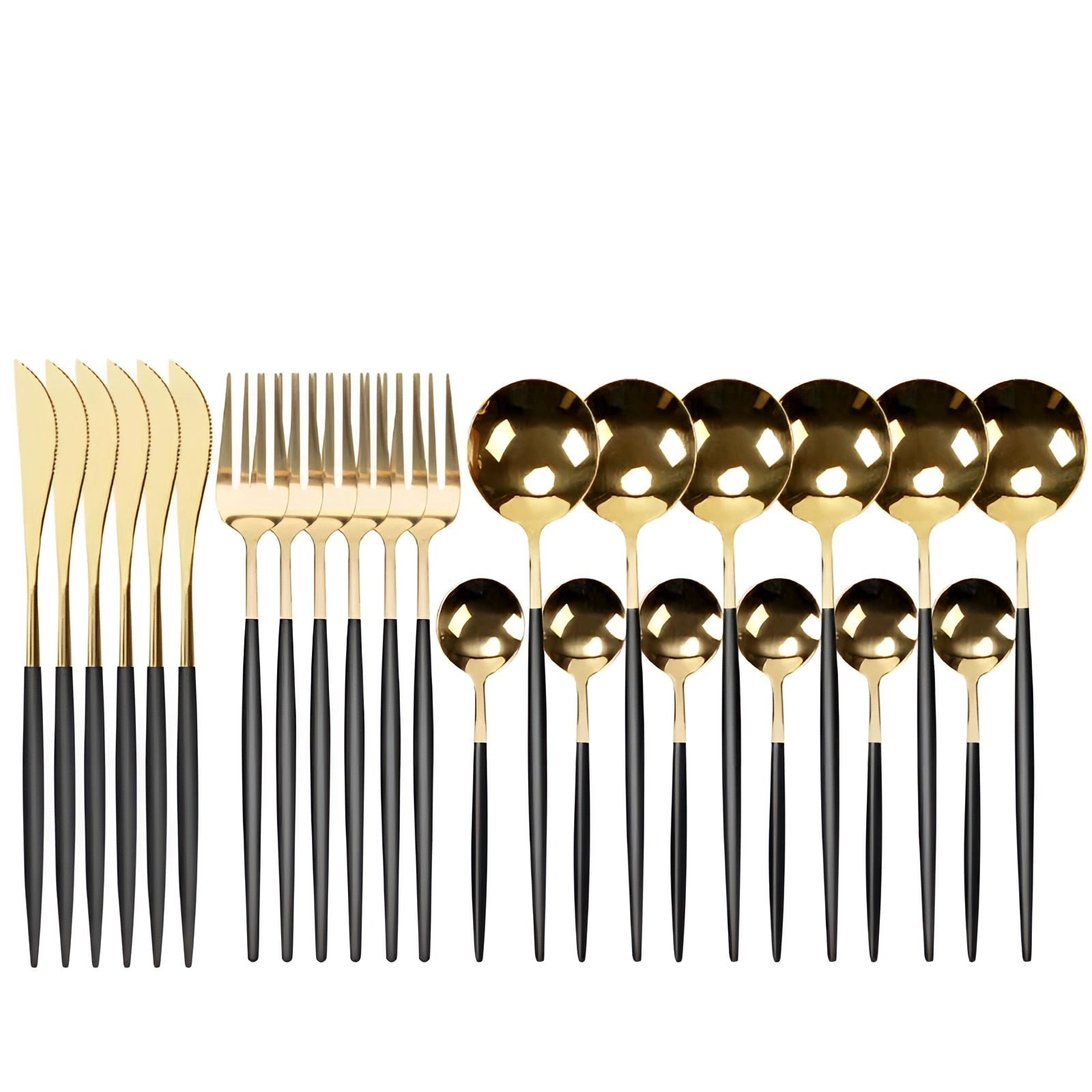 Matte black stainless steel cutlery set with gold accents, featuring a modern design. The flatware includes forks, knives, and spoons, showcasing sleek lines and a stylish appearance.