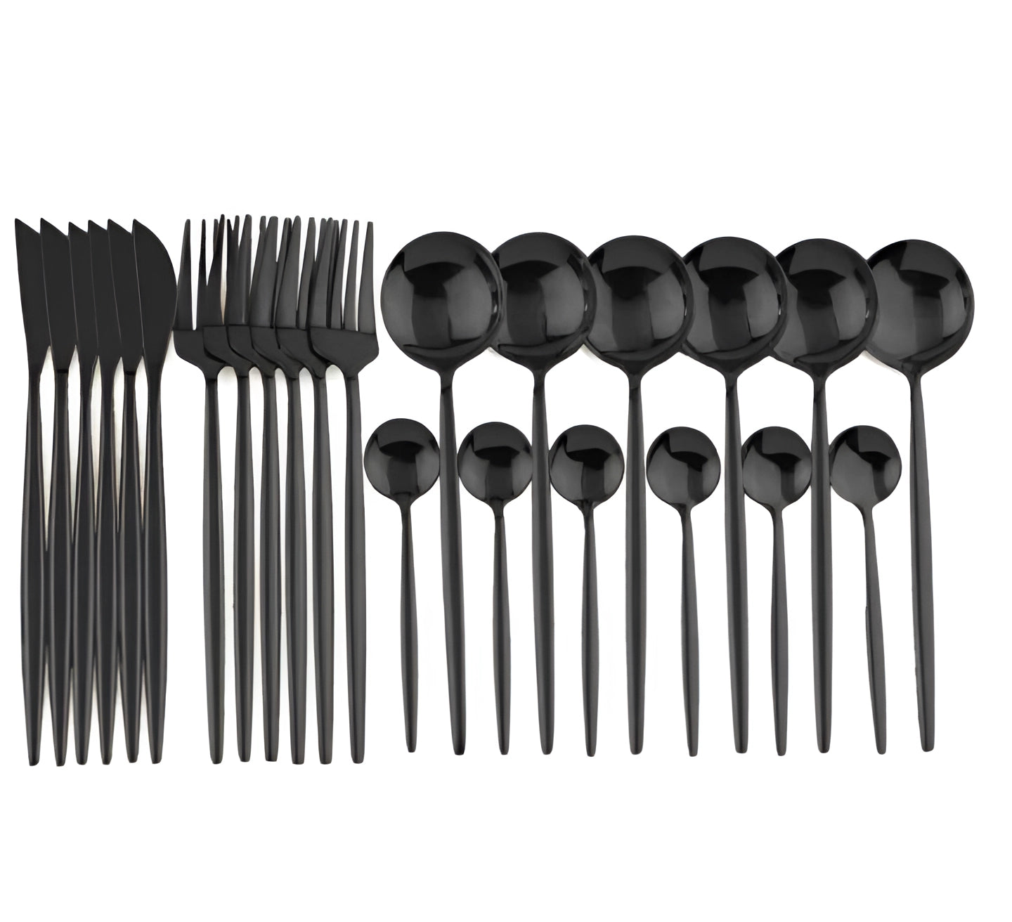 Matte black stainless steel cutlery set with a sleek and modern design, featuring a smooth finish and cylindrical handles.