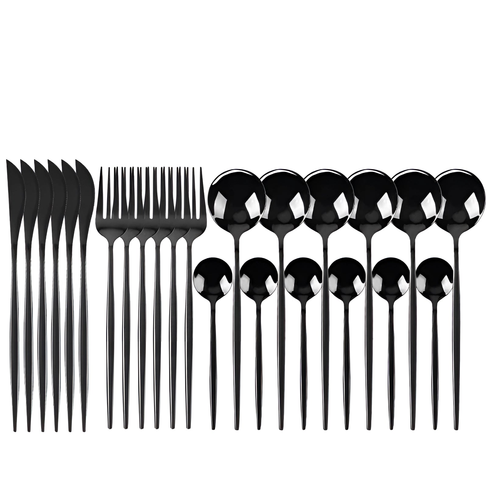 Matte black stainless steel cutlery set featuring a modern design, arranged symmetrically on a monochrome background.