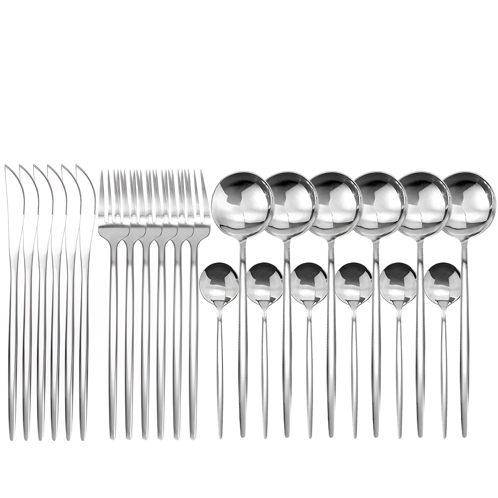 Matte black stainless steel cutlery set featuring modern design, with a sleek silver finish, including forks, knives, and spoons, displayed symmetrically.