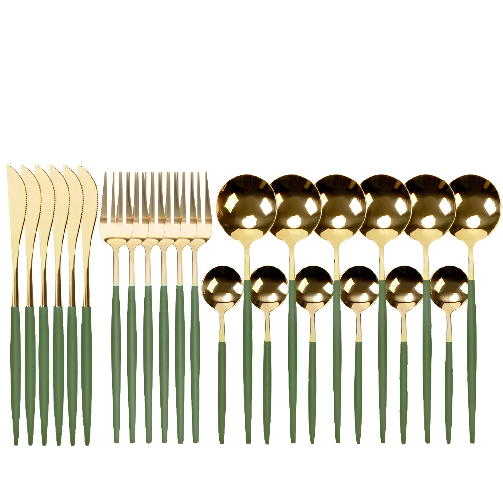 Matte black stainless steel cutlery set featuring a modern design with a gold-green accent, displayed symmetrically on a flat surface. The set includes pieces made of durable metal with a sleek, artistic finish.