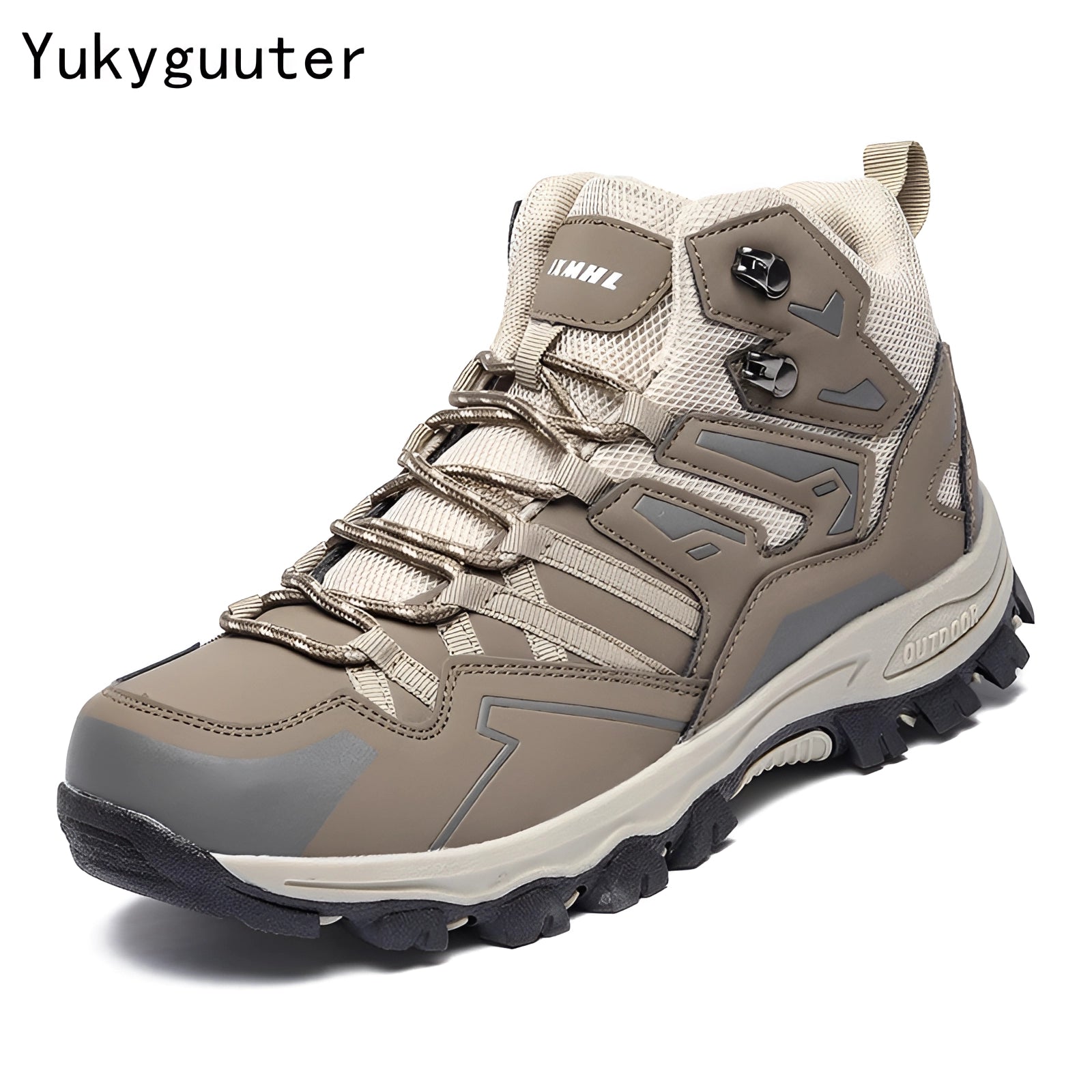 Men's grey waterproof lightweight hiking boots designed for high-traction and multi-terrain use, featuring a durable cleat-like sole for outdoor activities.