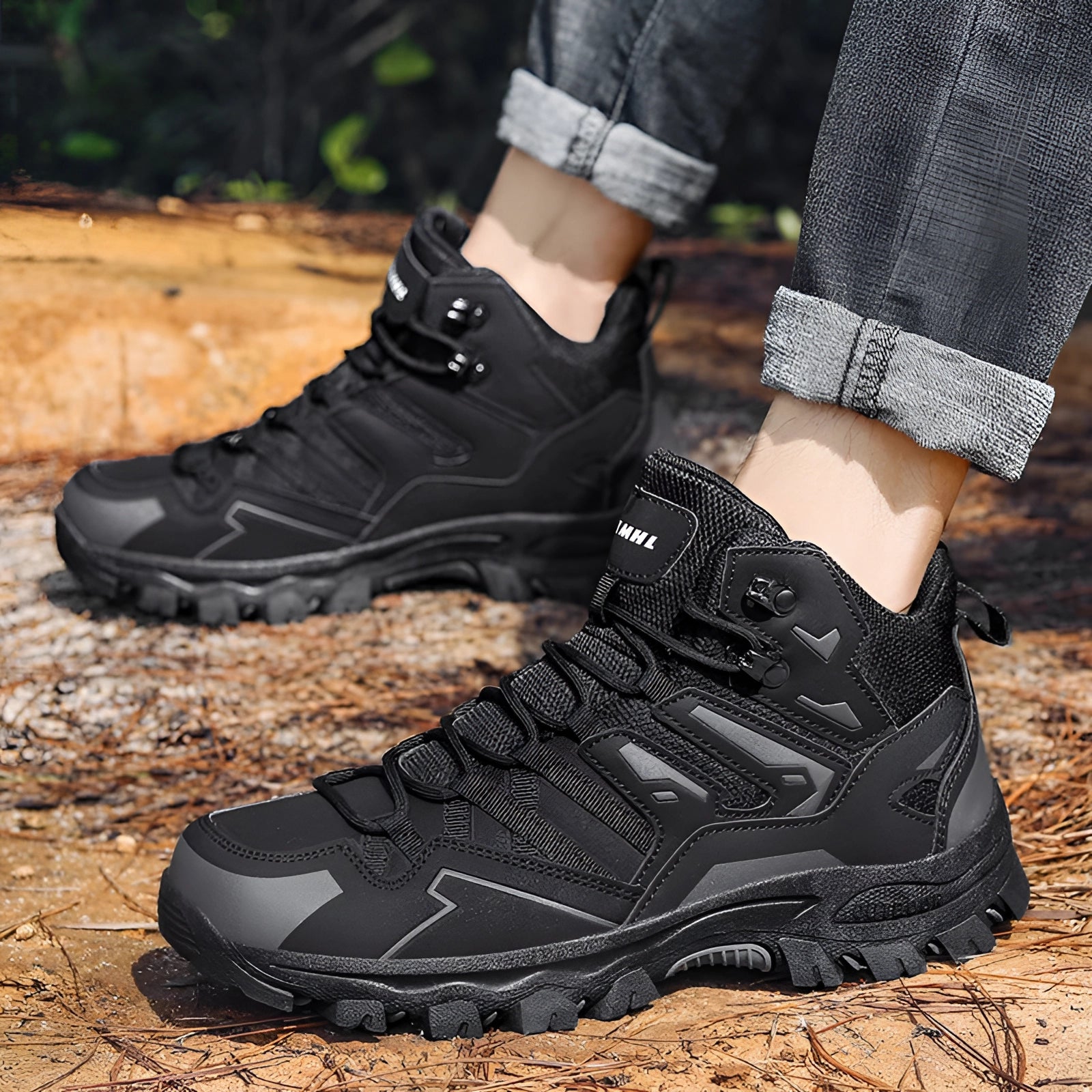 Men's black and white waterproof lightweight hiking boots designed for high-traction on multi-terrain surfaces, shown on a person walking outdoors on grass.