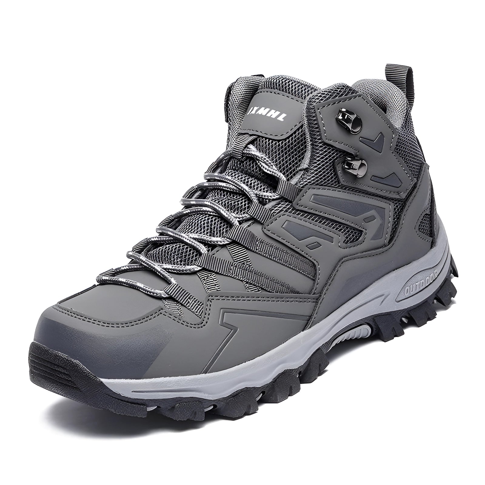 Men's grey waterproof lightweight hiking boots designed for high traction on multi-terrain surfaces, suitable for outdoor activities and sportswear, featuring a rugged cleat sole for enhanced grip.