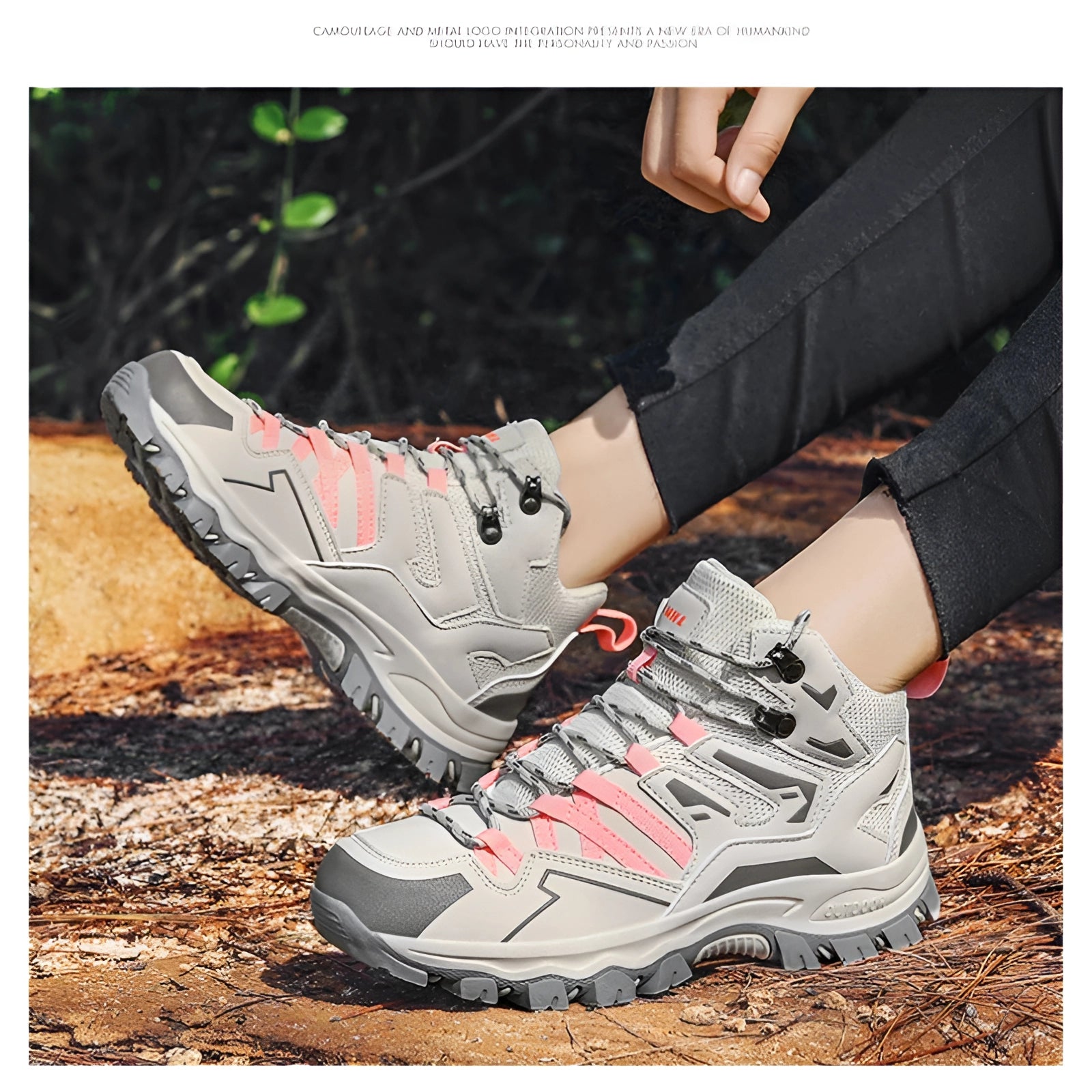 Men's waterproof lightweight hiking boots with high-traction soles, shown being worn outdoors by a person dressed in casual jeans.