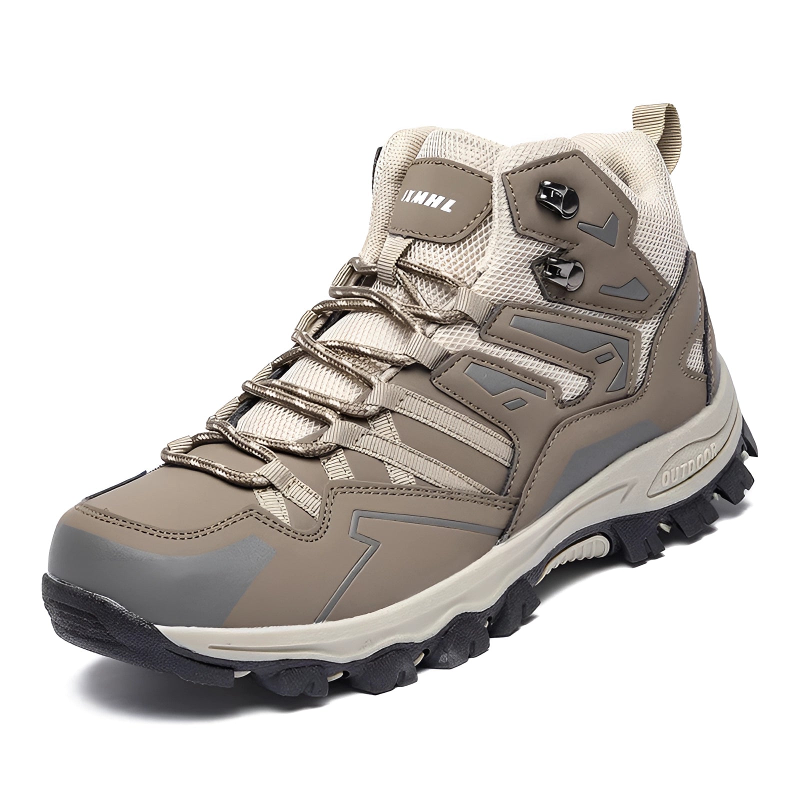 Men's grey waterproof lightweight hiking boots designed for high-traction on multi-terrain surfaces, suitable for outdoor walking and sports activities.