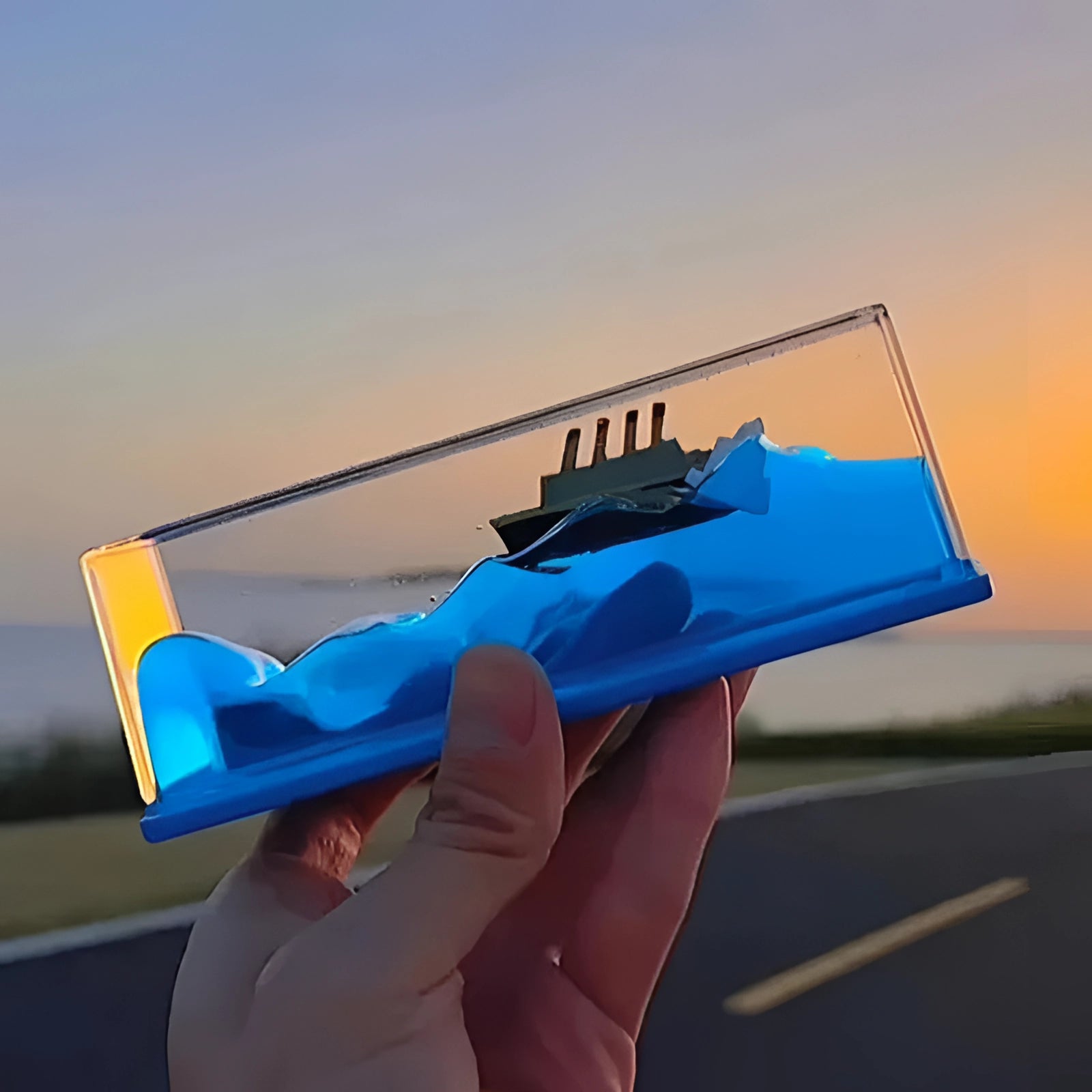 A beautifully crafted miniature ship encased in an acrylic wave, perfect for nautical decor and sea-themed gifts, with a sky-blue background.