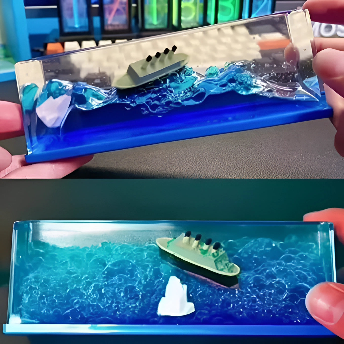 Miniature ship encapsulated in a vibrant acrylic wave, showcasing a blend of blue and green hues, representing a nautical decor piece suitable as a sea-themed gift.