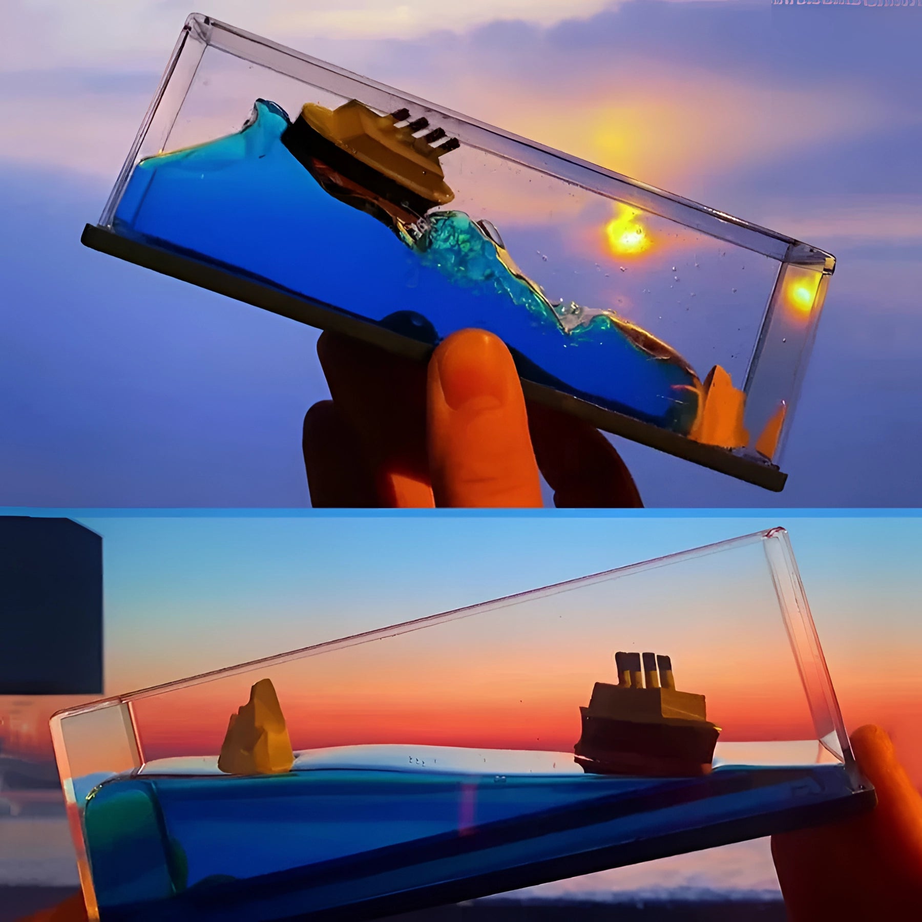 Miniature ship encased in a clear acrylic wave, set against a soft orange gradient background suggestive of morning light, capturing the essence of nautical decor and serving as a unique sea-themed gift.