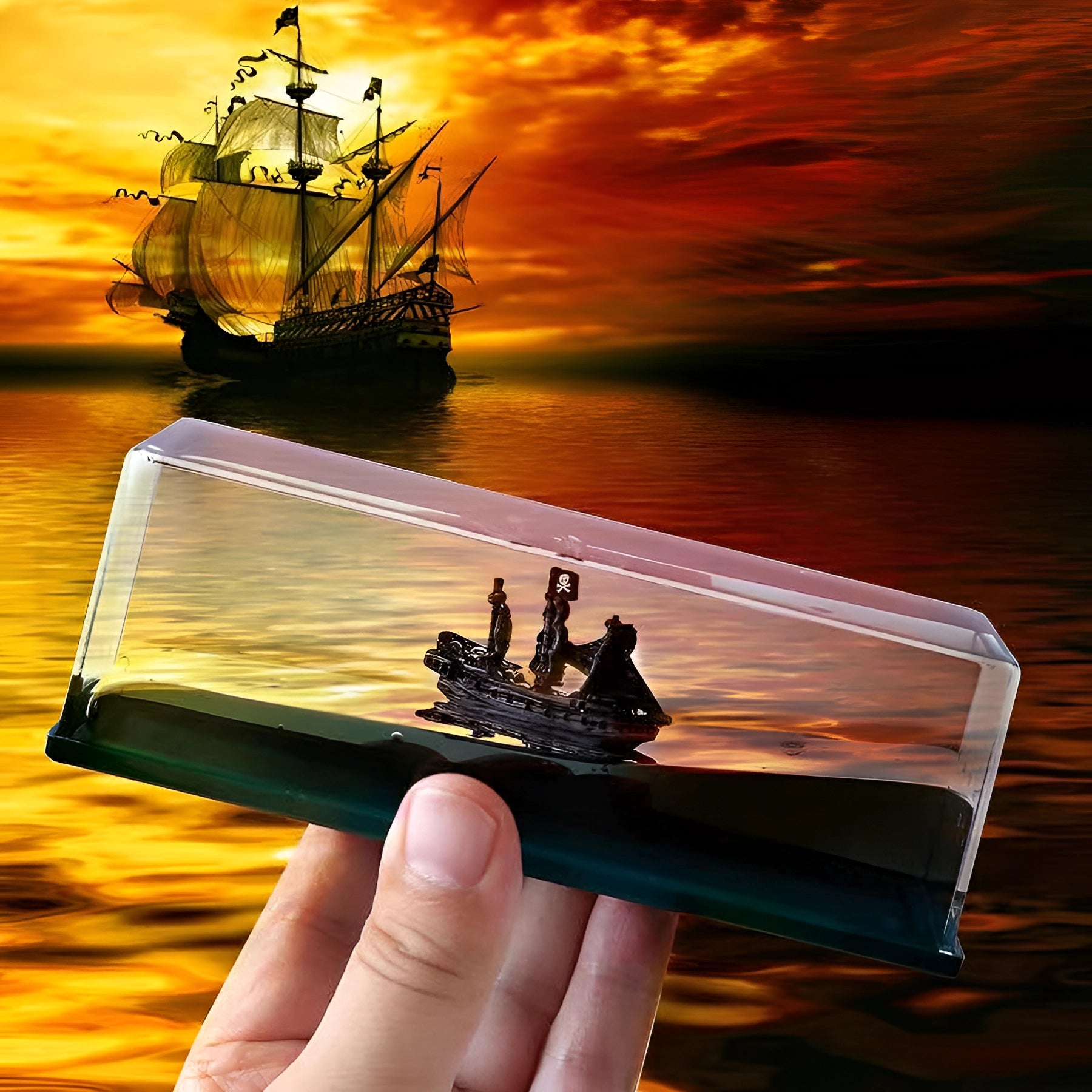 Miniature model of the Black Pearl ship encased in a dynamic acrylic wave, showcasing detailed nautical design set against a backdrop of sky and clouds, perfect as sea-themed decor or a maritime gift.