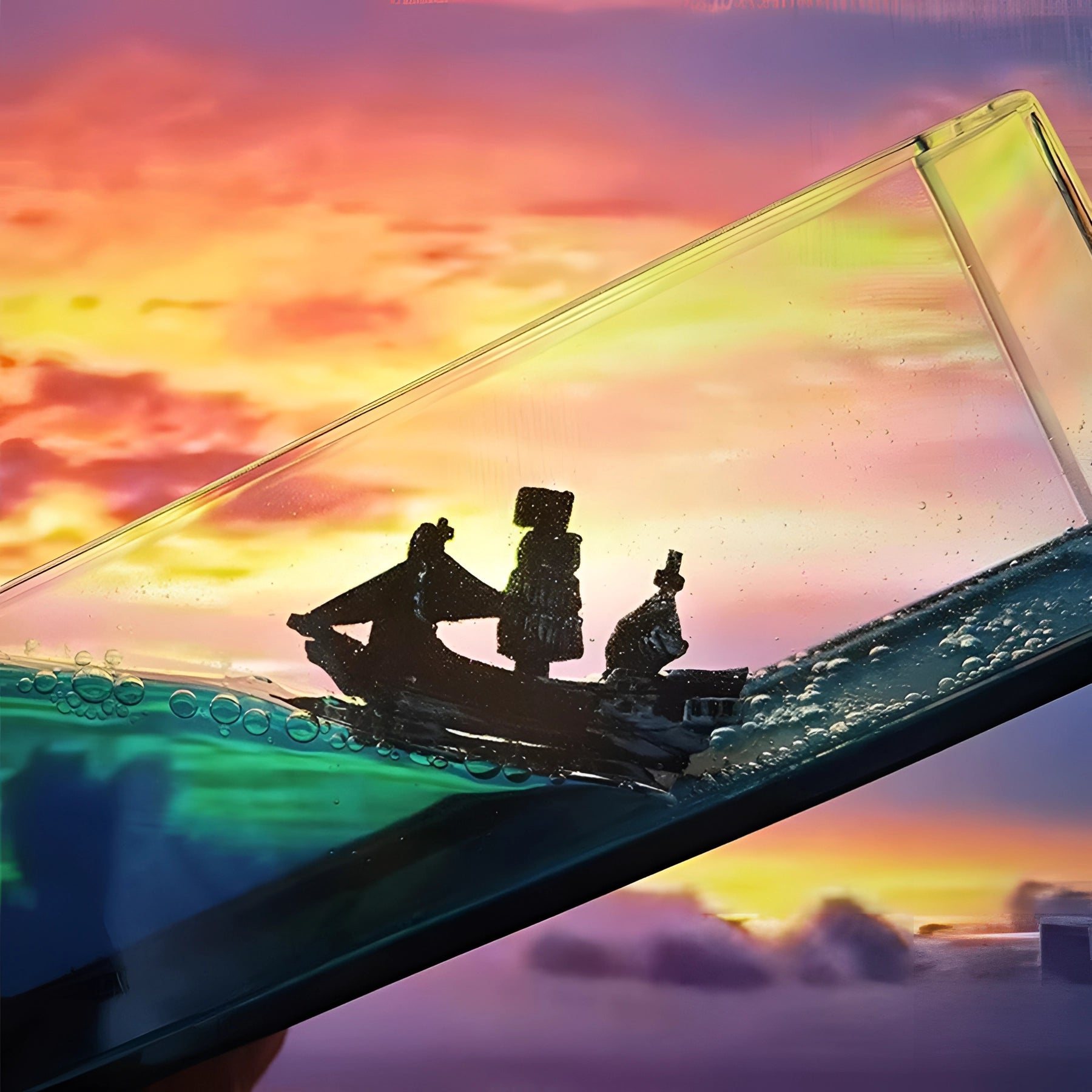 Miniature ship encased in an acrylic wave set against a backdrop of a vibrant sky transitioning from dusk to dawn, with hues of red and orange reflecting on the water, creating a serene nautical scene.