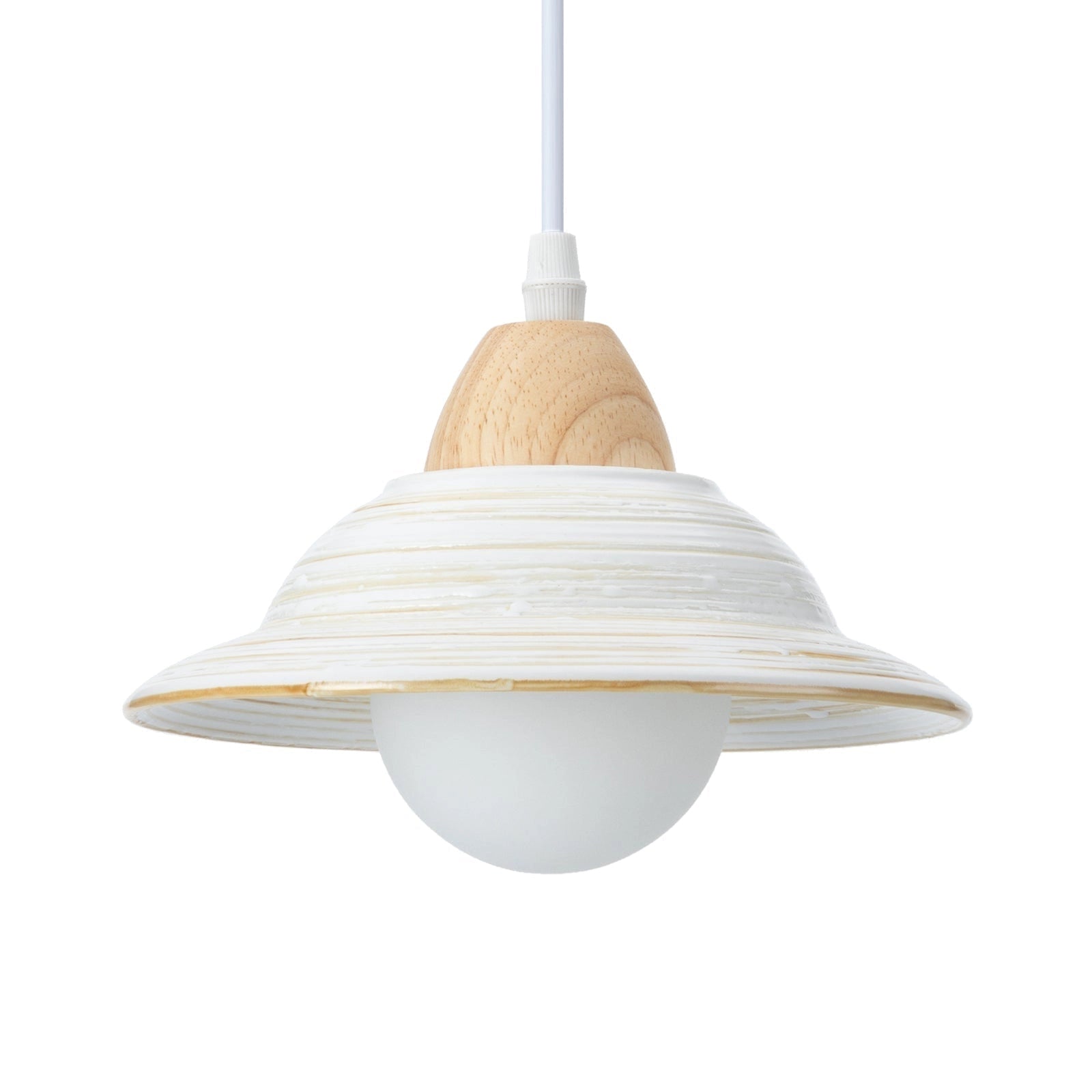 Minimalist Scandinavian Wooden Pendant Light in white with a dimension of 20cm diameter by 18cm height, featuring a beige wood finish and metal ceiling fixture, hanging above a Nordic dining table.