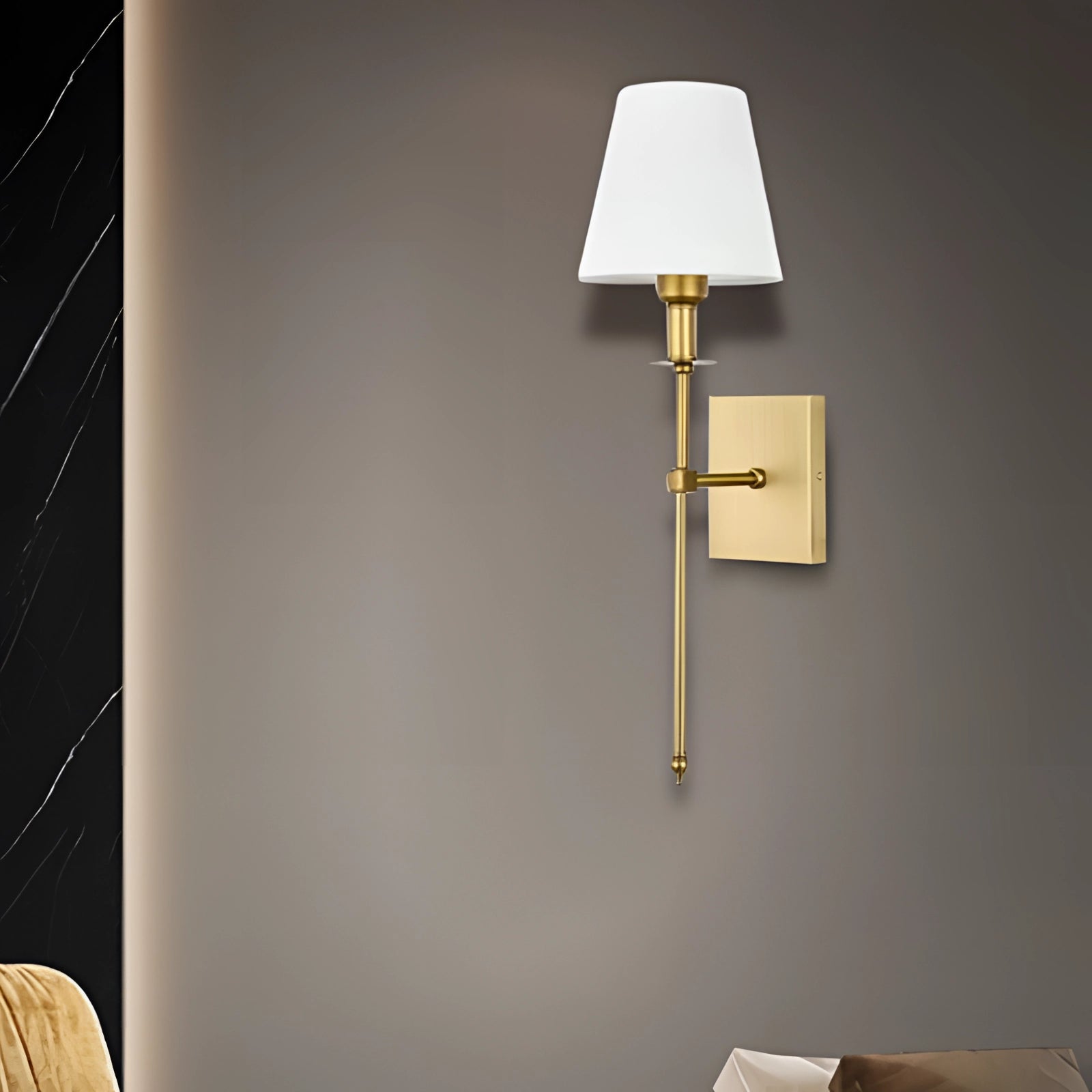 Modern black adjustable wall sconce with a minimalist design, featuring a rectangular white base and a sleek line extending as the lamp, mounted on a wooden wall surface.