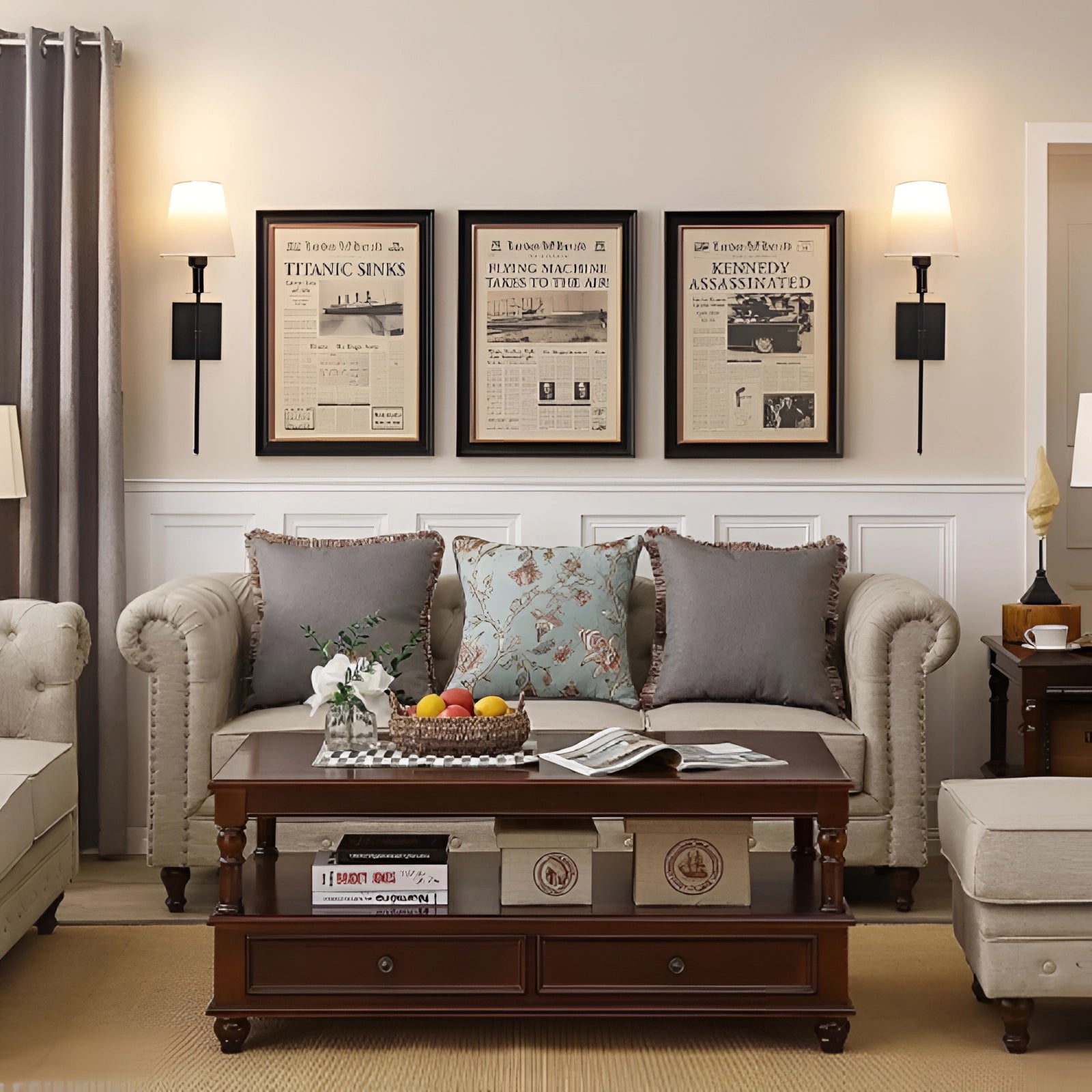 Modern black adjustable wall sconce in a minimalist interior setting with a picture frame, wooden table, couch, and potted plant.