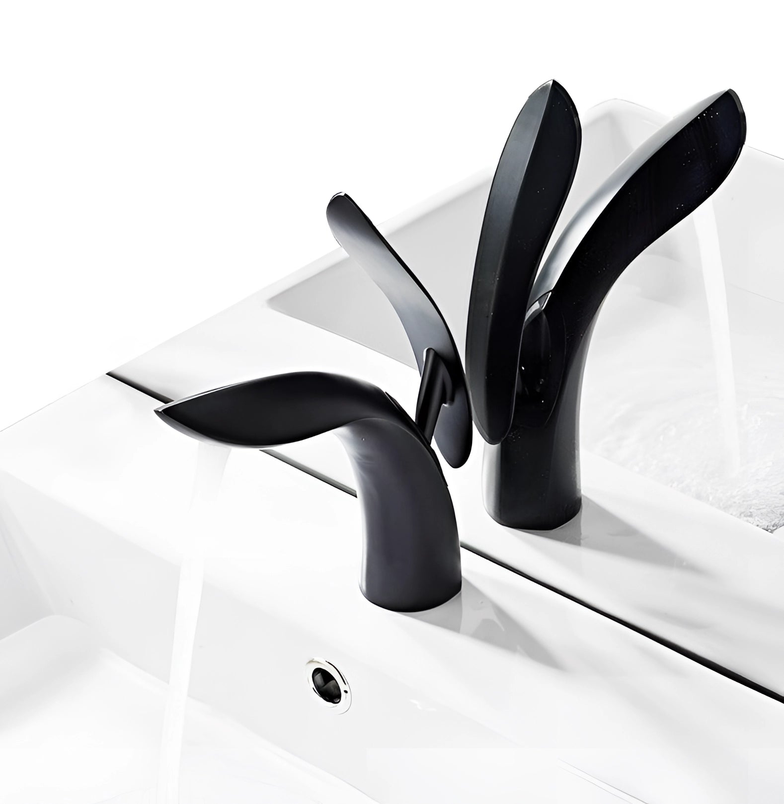 A sleek and modern black designer kitchen faucet with a minimalist design, featuring smooth, clean lines and a luxury finish.