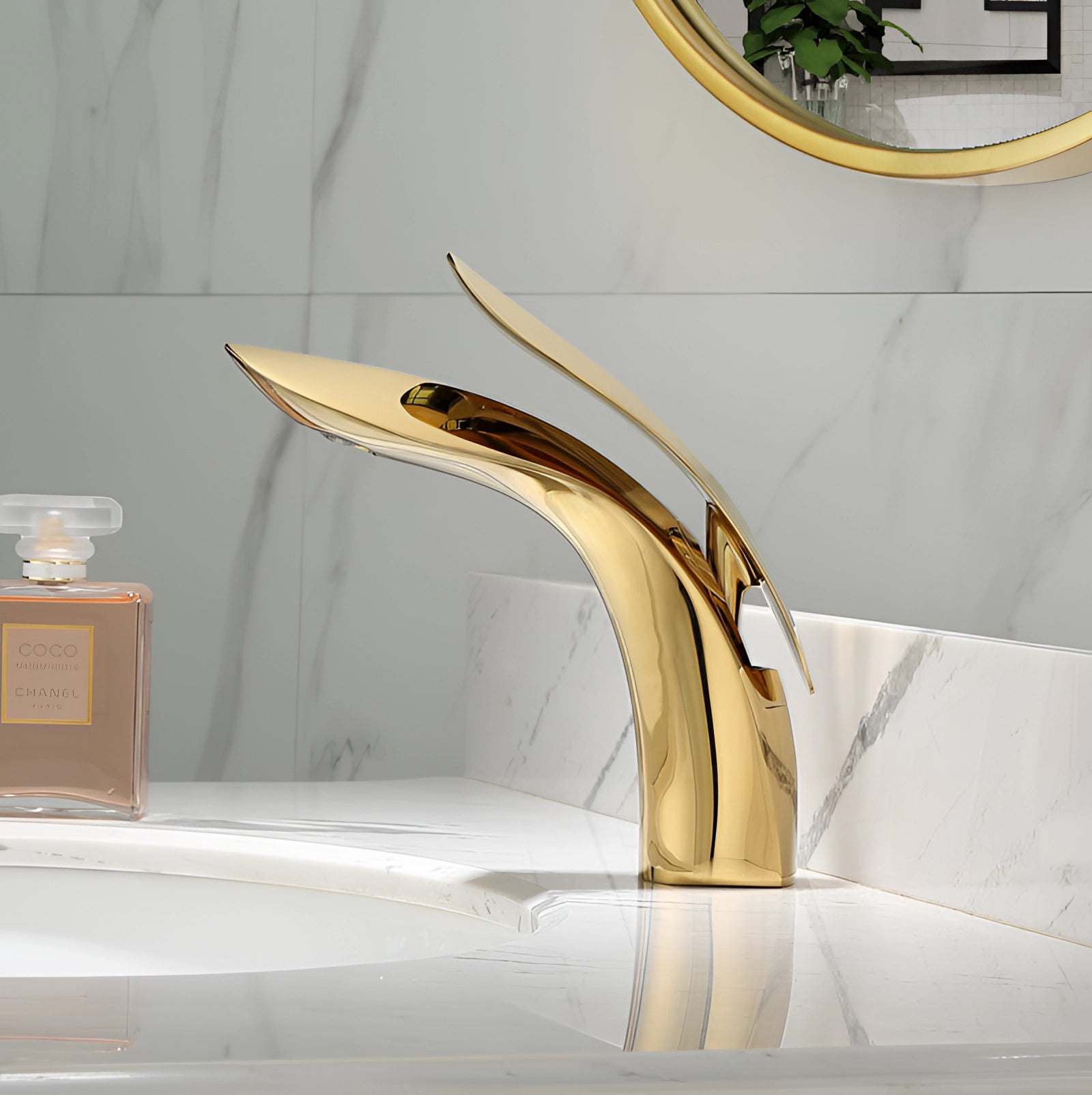 
Gold variant of a modern black designer kitchen faucet featuring a sleek, minimalist design with luxurious gold accents.