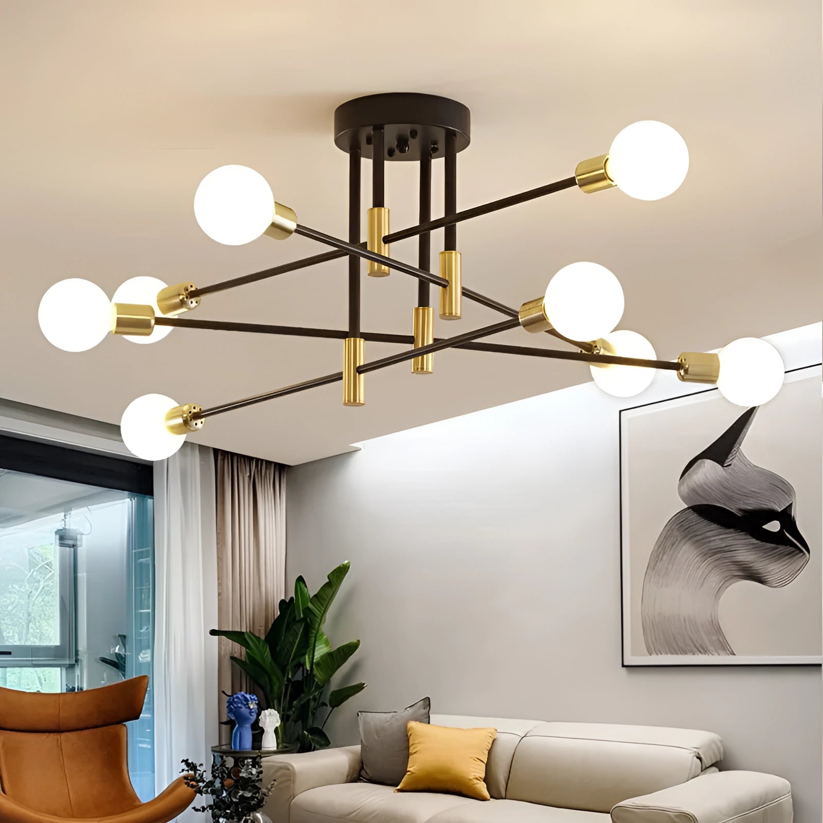 A modern black and gold mid-century adjustable glass chandelier with 8 milky white bulbs emitting warm light, hanging in a stylishly designed interior with a couch and houseplants.