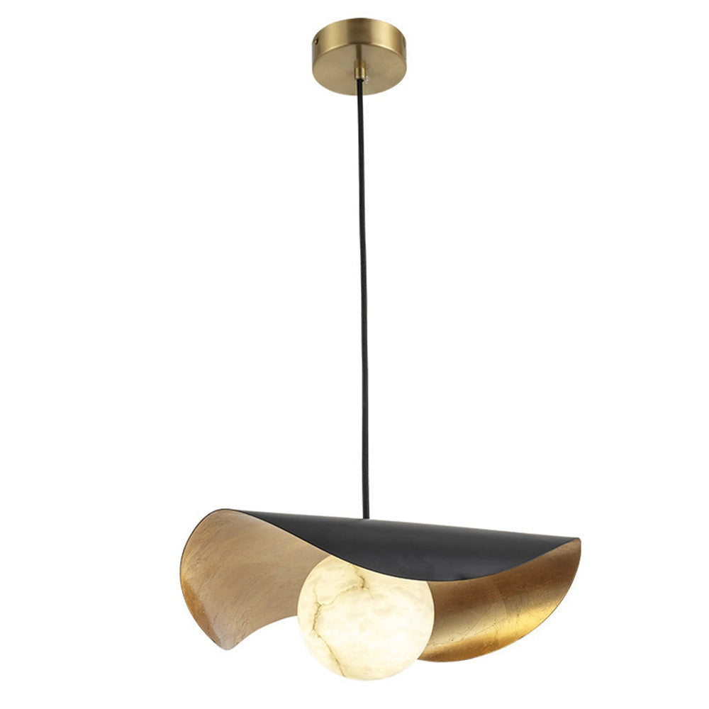 Contemporary minimalist black and gold pendant lamp hanging from the ceiling, showcasing a sleek metal design.