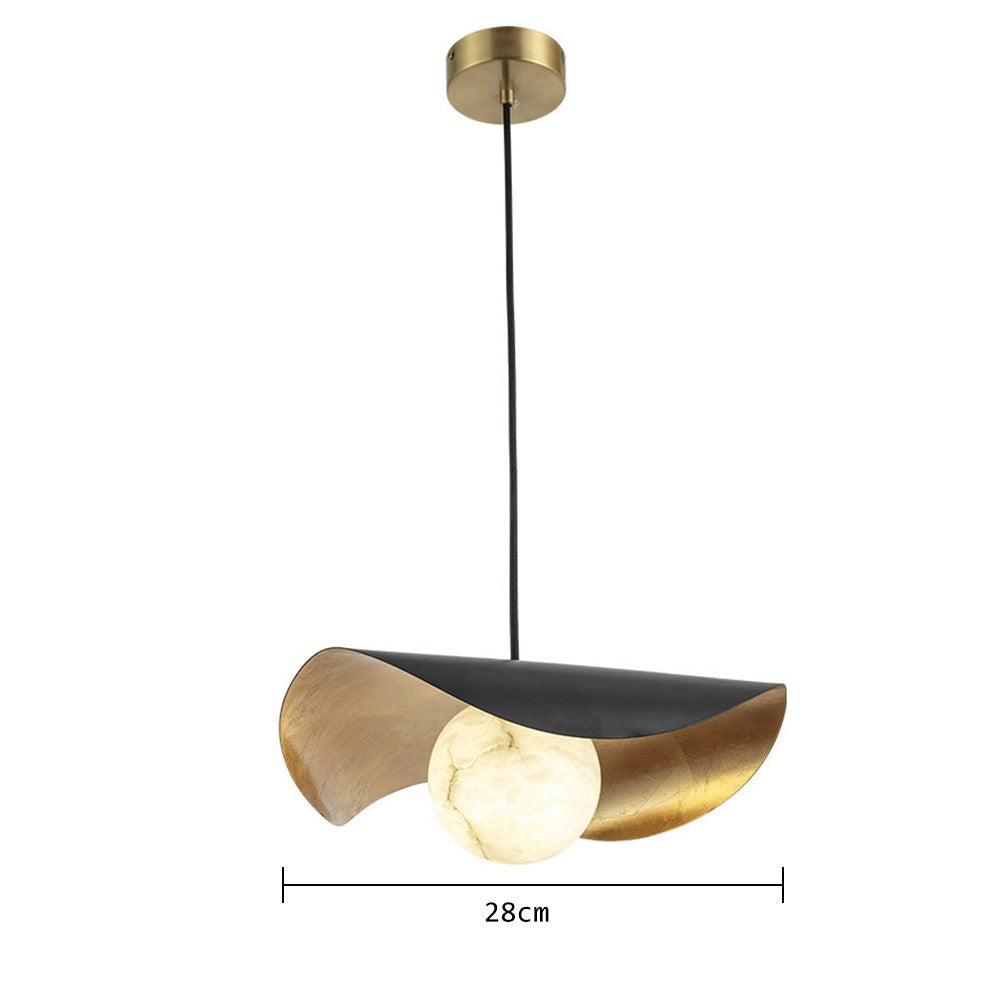 Modern black and gold pendant light with minimalist design, featuring a wooden ceiling fixture and metal accents.