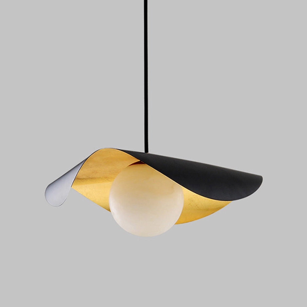 Modern black and gold pendant lights with minimalist design, featuring sleek lampshades and hanging from the ceiling as a contemporary light fixture.