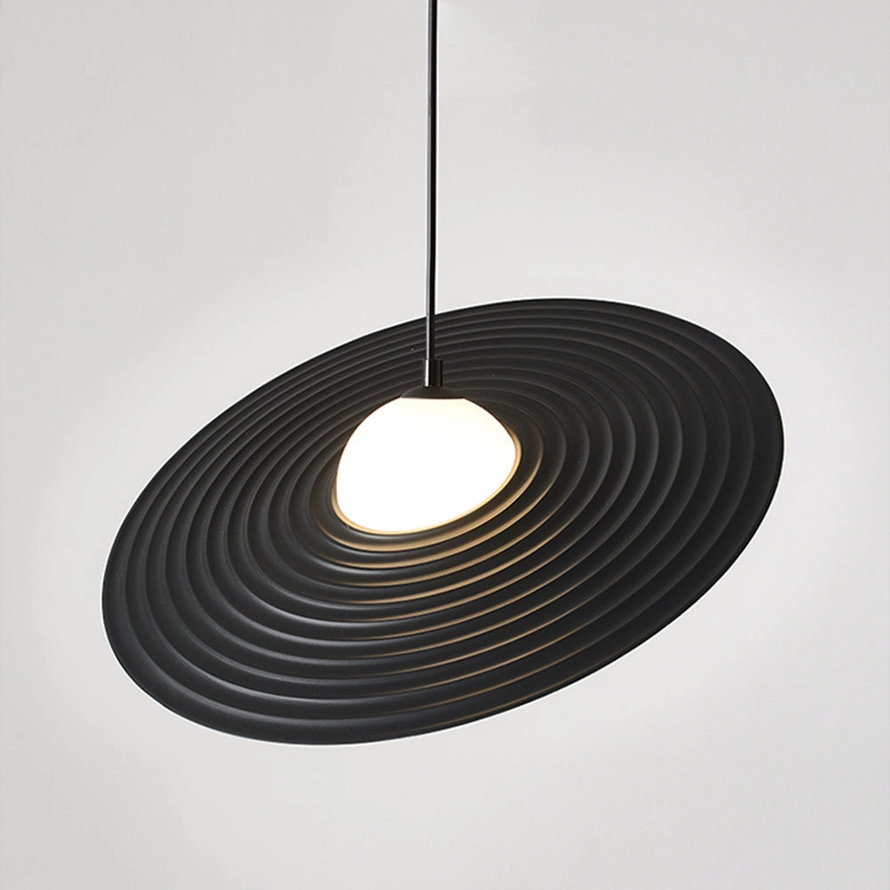 Modern black oval pendant light with a contemporary minimalist design, featuring a circular and symmetrical ceiling fixture in a monochrome color scheme, made of composite materials.