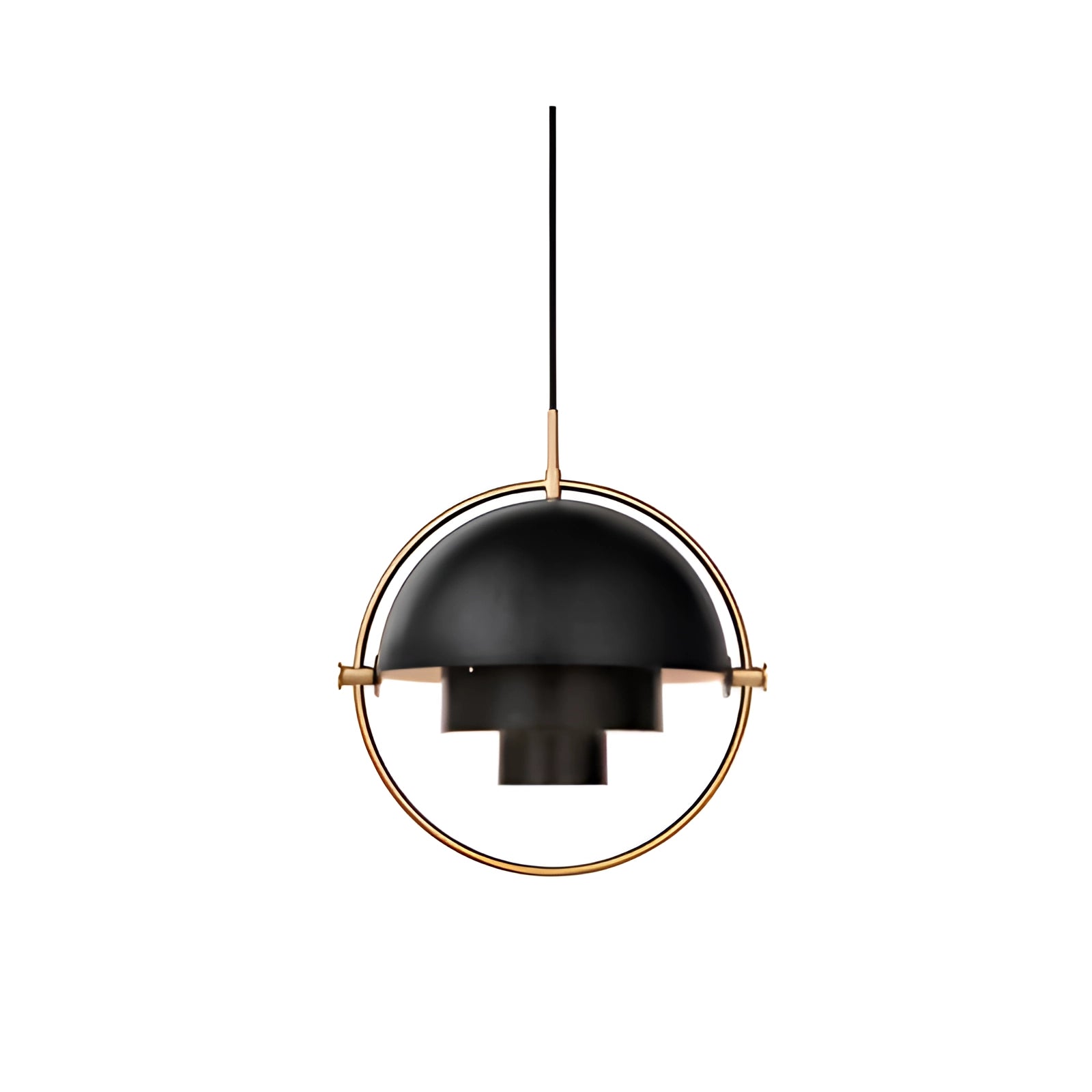 Modern brass finish pendant light with minimalist Scandinavian design, black variant, 38 cm diameter, shown in a contemporary setting.