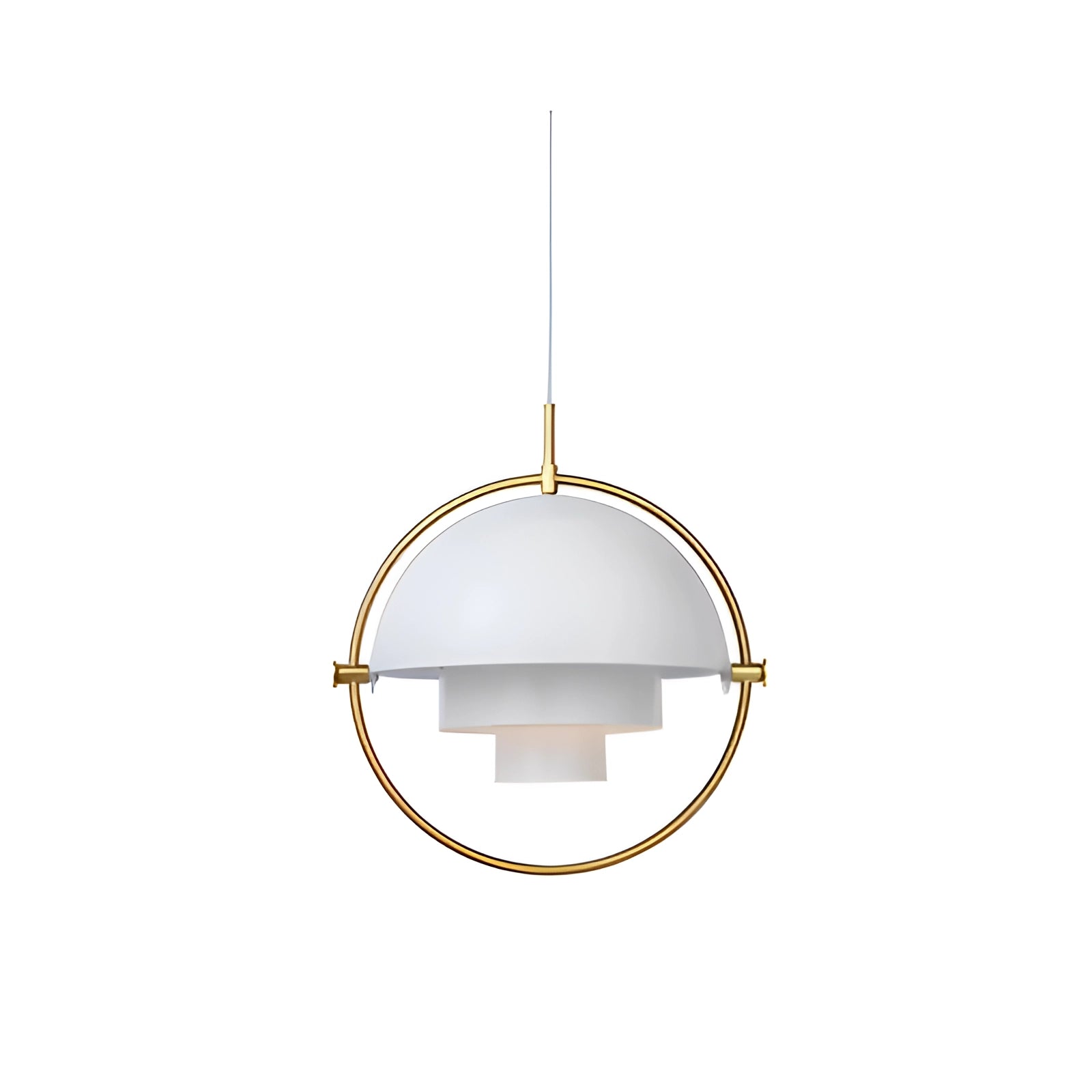 Modern Brass Finish Pendant Light with Minimalist Scandinavian Design in White, 38 cm diameter, featuring a circular shape and clean, symmetrical lines.