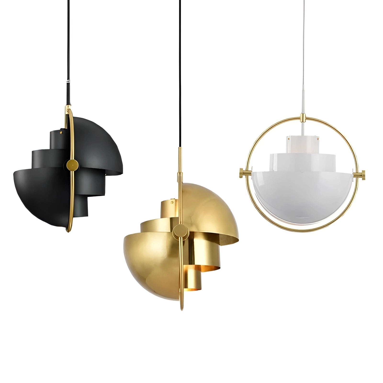 Modern brass finish pendant light with a minimalist Scandinavian design, featuring a circular metal ceiling fixture and exposed light bulb.