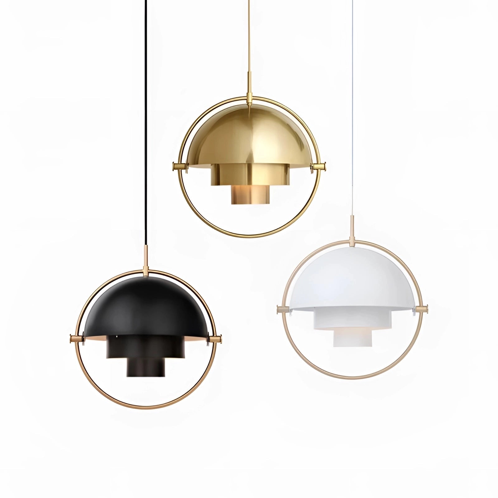 Modern brass finish pendant light with a minimalist Scandinavian design, featuring a sleek metal fixture with a symmetrical, oval shape.