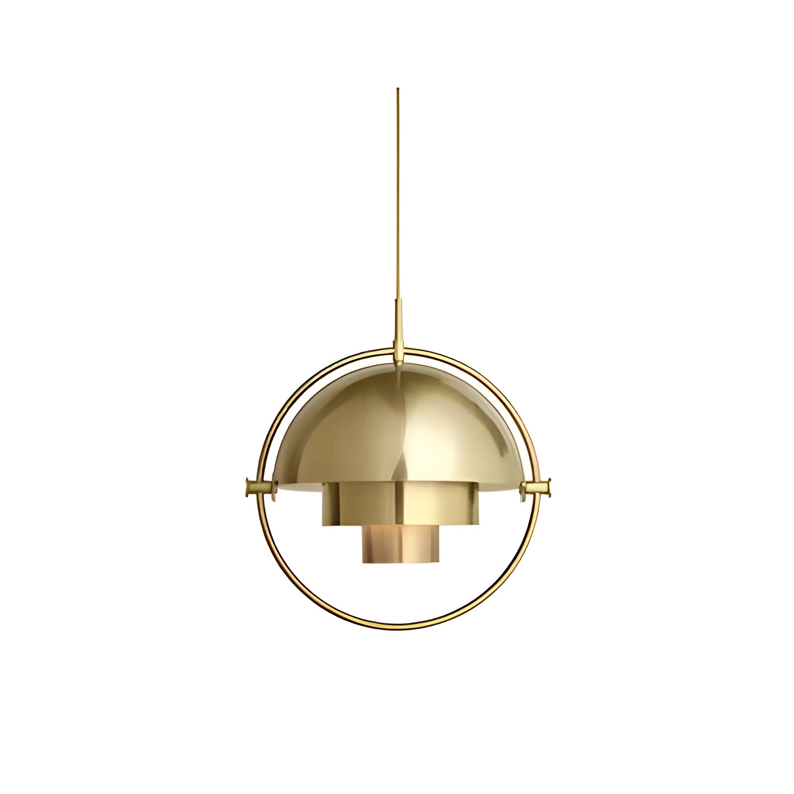 Modern Brass Finish Pendant Light with Minimalist Scandinavian Design in Gold, 38 cm diameter, featuring a sleek circular metal ceiling fixture.