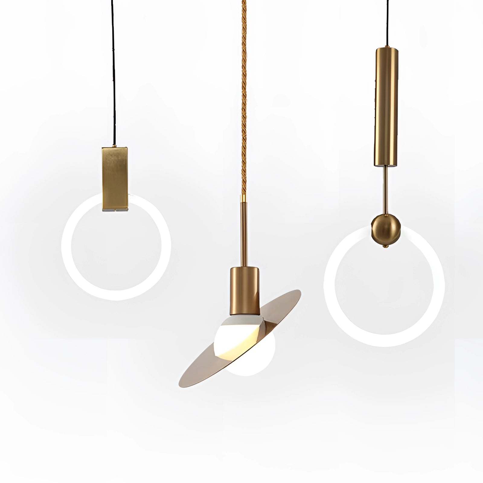 Modern brass geometric pendant light fixture hanging from the ceiling, showcasing a luxury design with metal and wood elements.