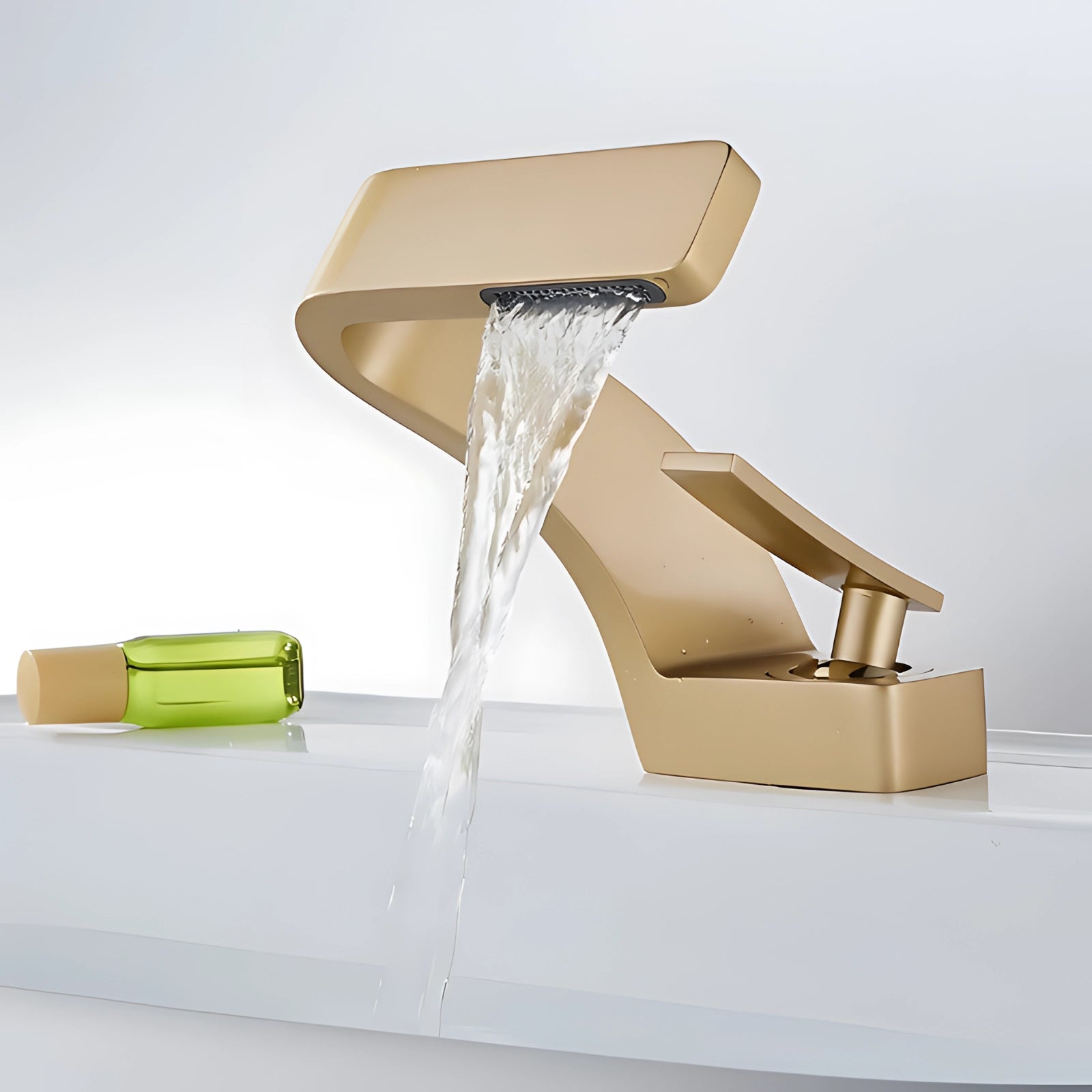 Gold variant of a modern chrome waterfall bathroom faucet with a single-handle designer tap, featuring sleek, metallic automotive-inspired design elements.