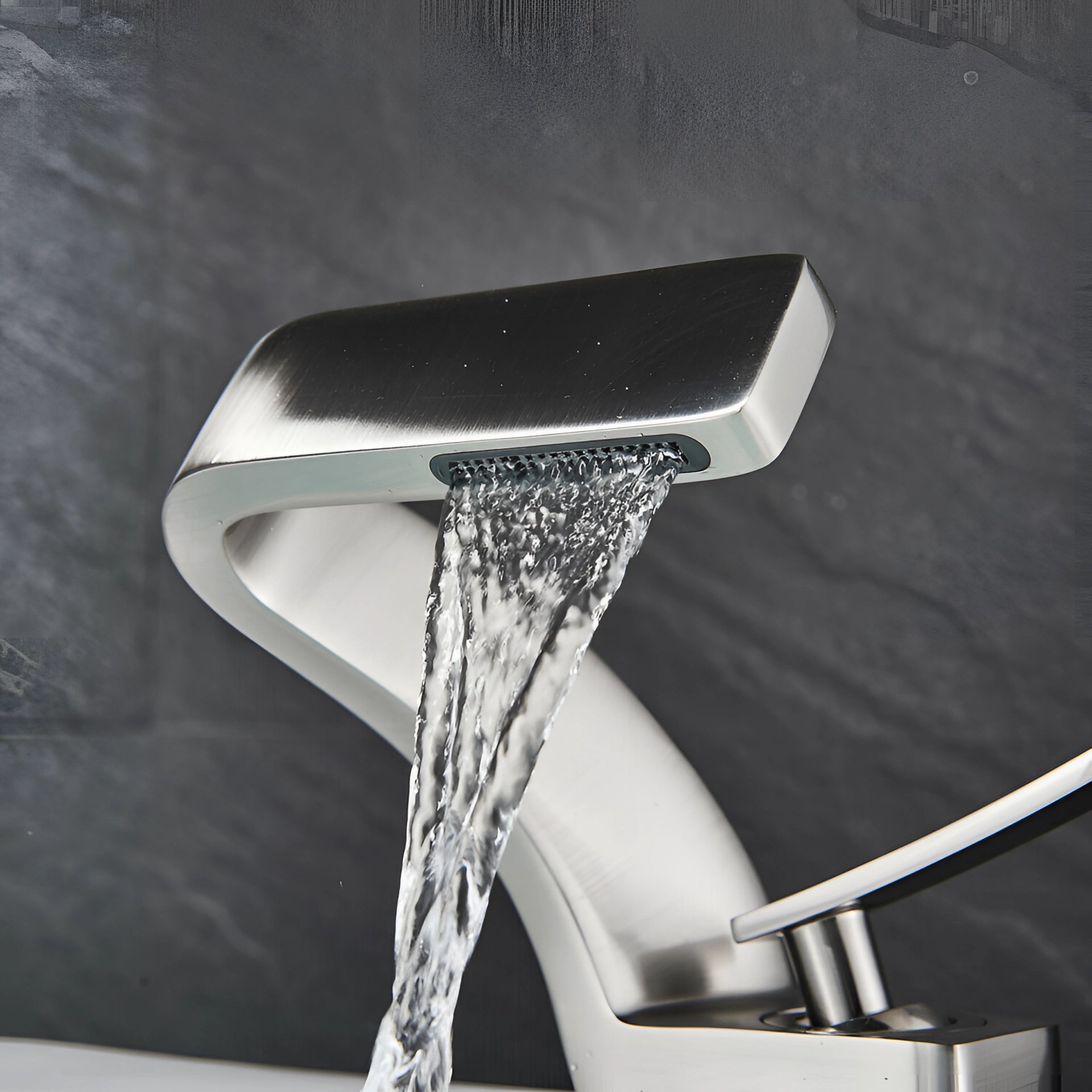 Modern chrome waterfall faucet with a luxury square spout design, depicted as a sleek plumbing fixture with a polished metal finish, suitable for basin mixing and water flow control.