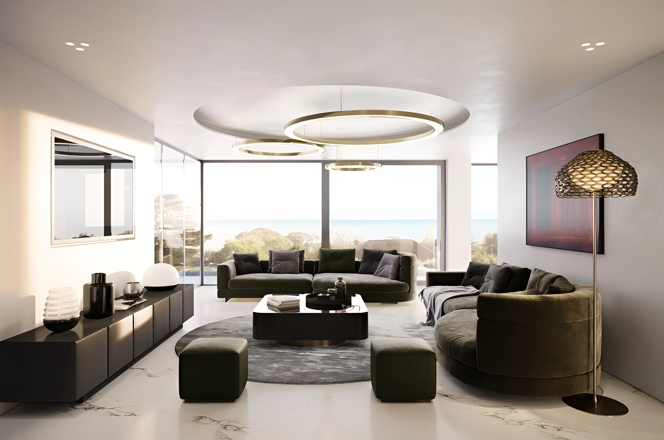 Modern circular LED ring pendant light illuminating a luxurious hotel lobby, featuring contemporary interior design elements with comfortable seating including a couch, sophisticated flooring, and elegant wall decor.