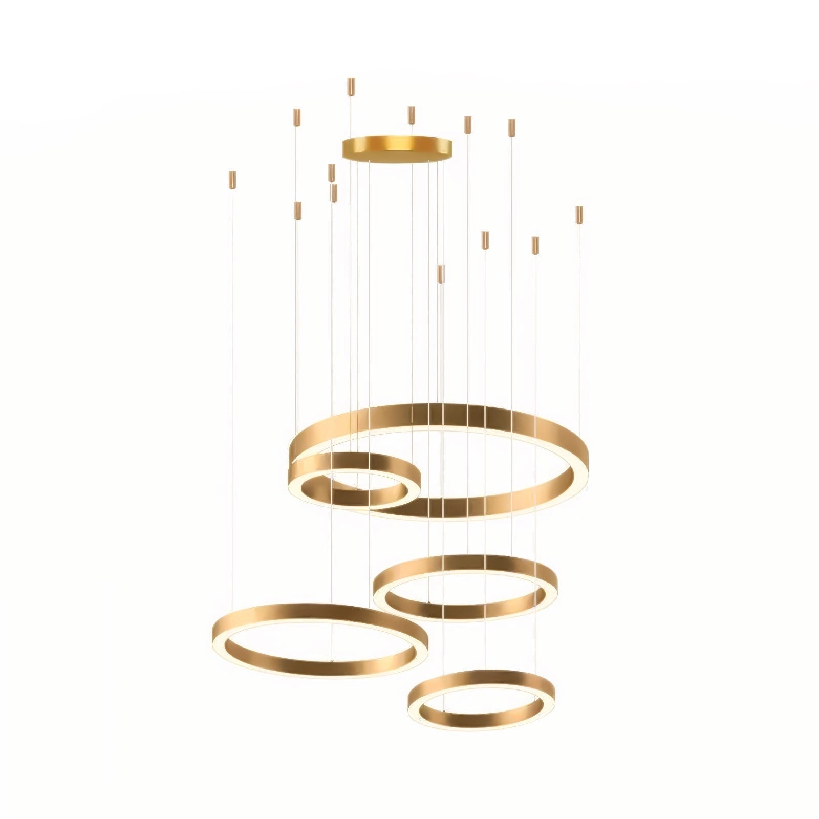 A modern circular LED ring pendant light set in a luxury hotel lobby, featuring multiple concentric rings with diameters of 30cm, 40cm, 60cm, 80cm, and 100cm, emitting a cool light. The design showcases sleek metal construction and minimalist aesthetics.