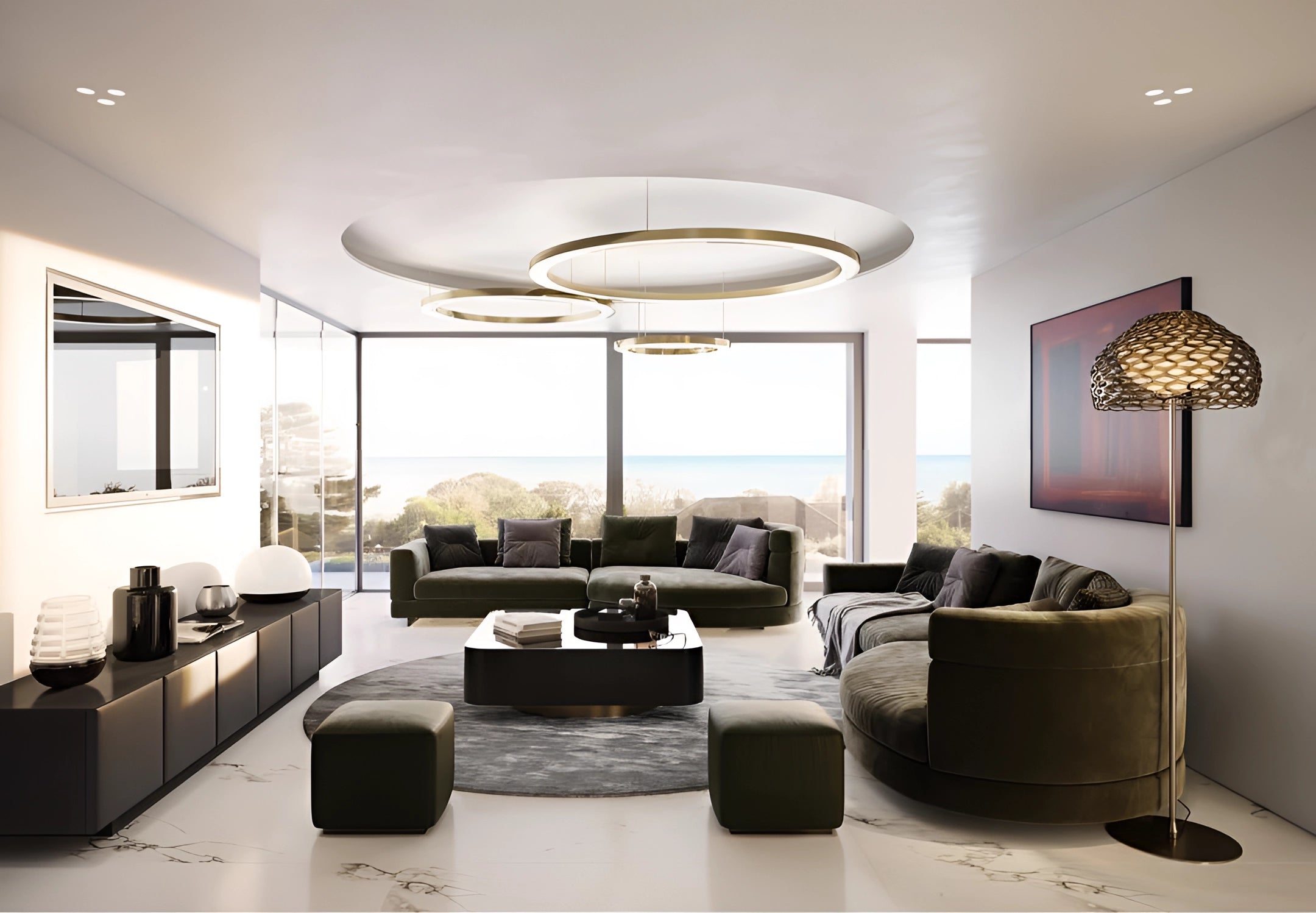 Circular LED ring pendant light installed in an elegant, modern living room with contemporary furniture, featuring a comfortable couch, stylish interior design, picture frames on the wall, and polished flooring.