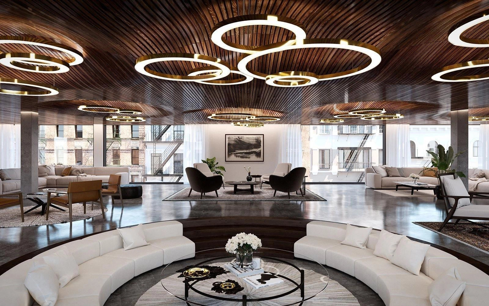 Modern circular LED ring pendant light illuminating a luxury hotel lobby, featuring a sleek design with white accents, integrated into sophisticated interior architecture and elegant decoration, complemented by contemporary furniture and a subtle plant arrangement on the floor.