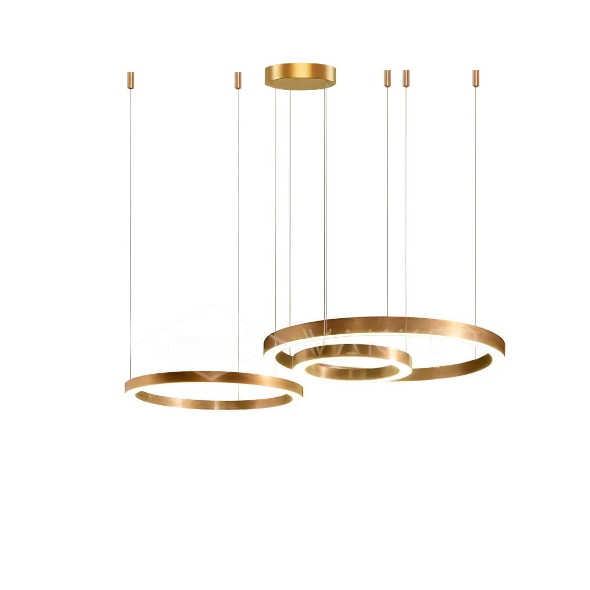 Modern circular LED ring pendant light fixture with three interconnected rings of varying diameters (30cm, 50cm, 70cm) in a cool light setting, designed with a sleek metal finish, ideal for luxury hotel lobby lighting.