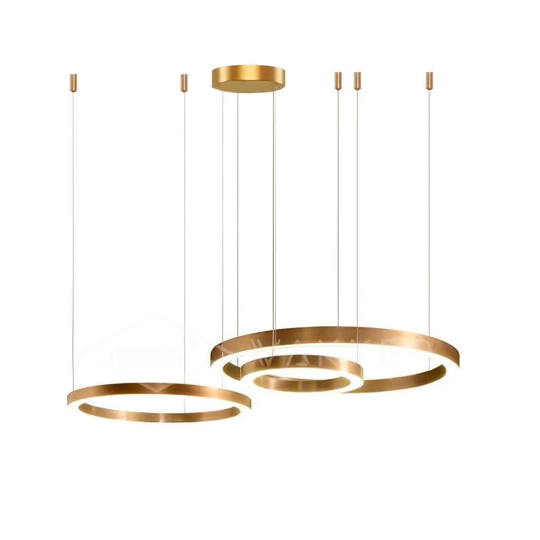 Modern circular LED ring pendant light fixture with three stacked rings of varying diameters (60cm, 80cm, and 100cm) in a cool light tone, featuring a sleek metal design and suspended from the ceiling, ideal for luxury hotel lobby lighting.