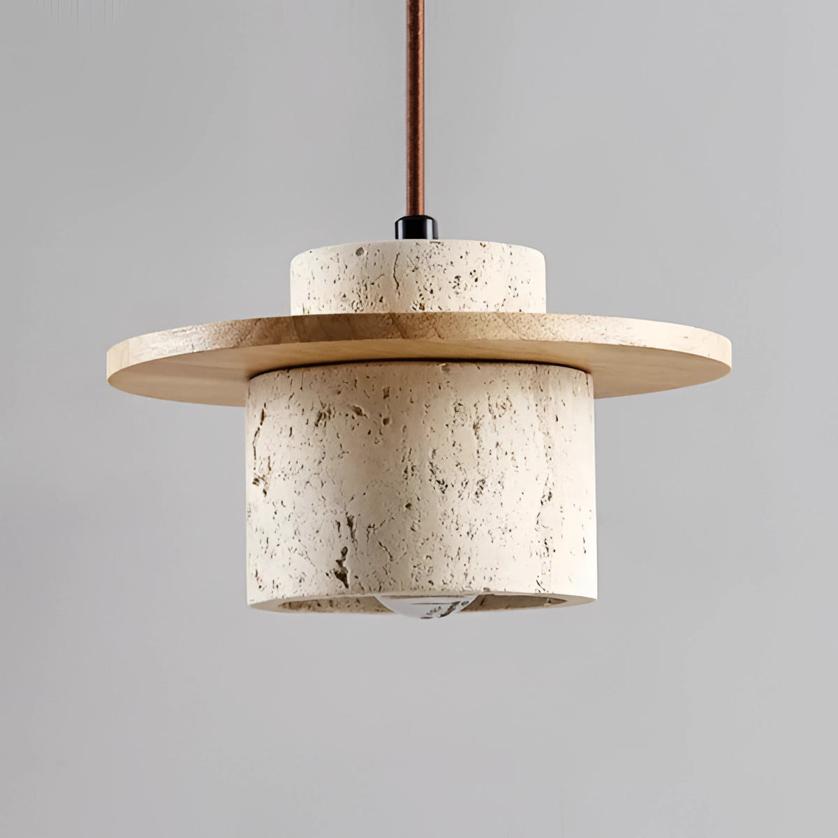 Ceiling pendant light featuring a modern design with a rectangular concrete base and an oak wood accent, ideal for Scandinavian decor. The fixture is beige in color and hangs from the ceiling, showcasing a blend of metal and natural materials.