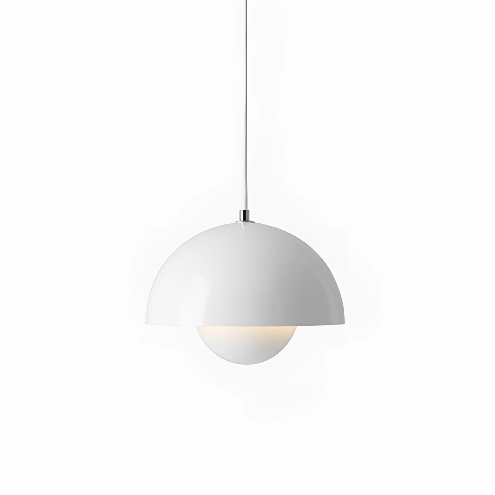 Modern copper pendant light with a Scandinavian minimalist design, featuring a white lampshade. The sleek ceiling fixture has a circular shape, made of metal, and emits a warm glow, perfect for contemporary interiors.