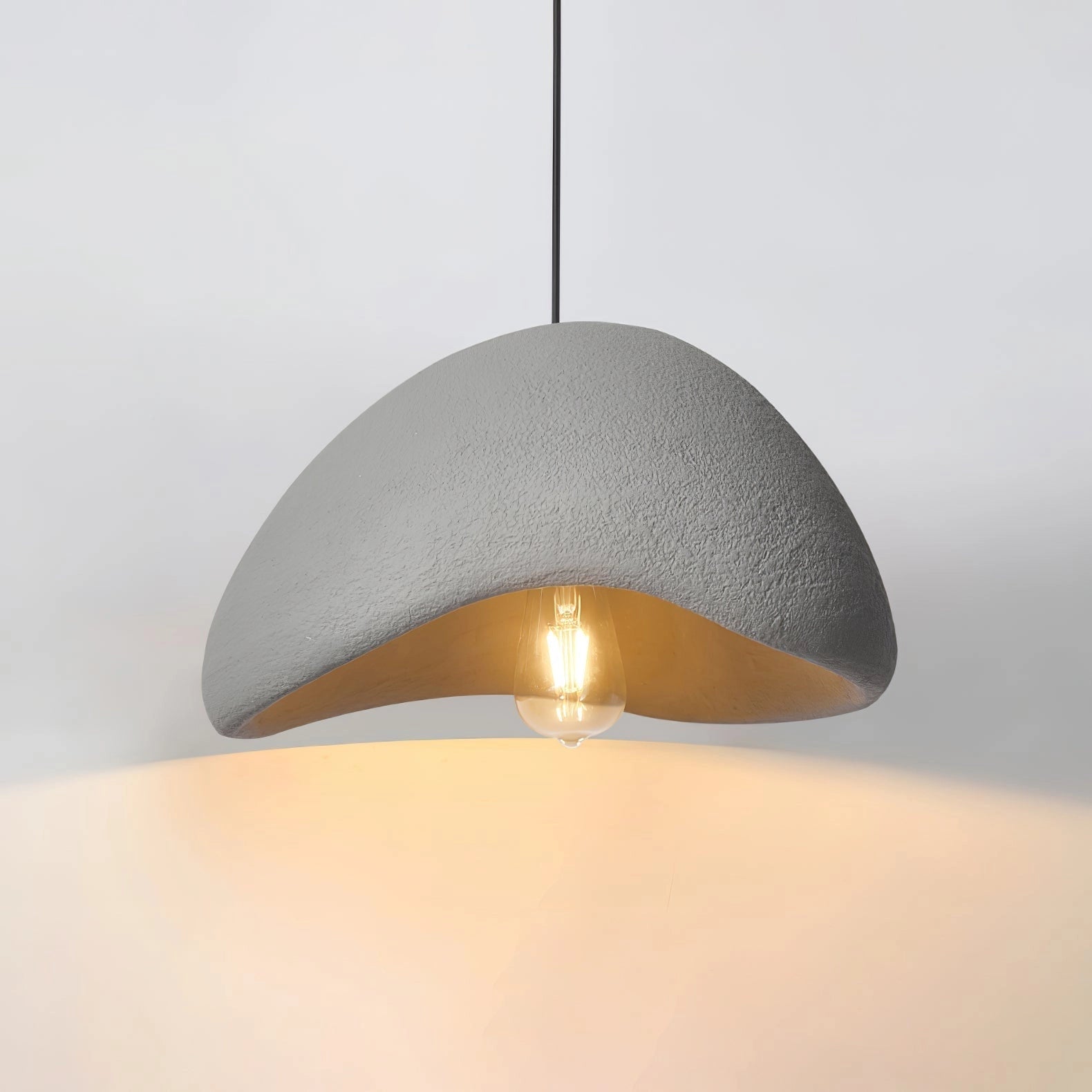 Modern curved pendant light with a minimalist sculptural design, featuring a sleek circular shade made from composite materials and wood, hanging from a ceiling to illuminate a space.