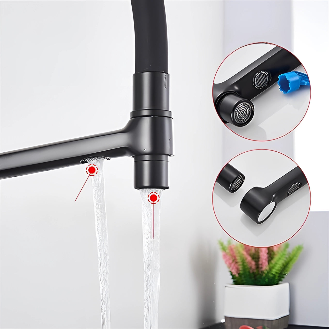 Sleek black and chrome pull-down kitchen faucet with a modern design against a plain background.