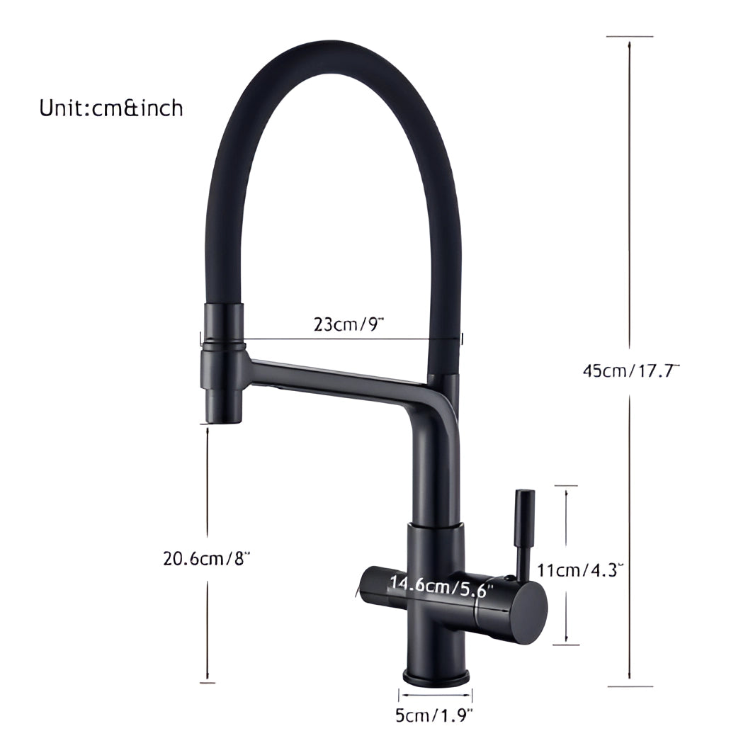 Sleek modern dual-function pull-down kitchen faucet in black and chrome.