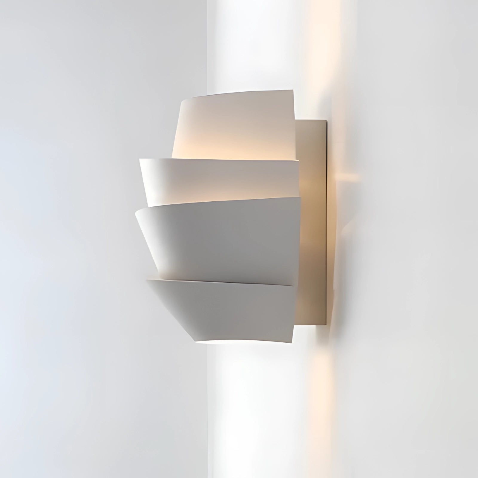 Modern floating lamp with a minimalistic design featuring a cylindrical shape, combining wood, metal, and paper elements. The lamp provides a soft glow light, serving as a ceiling fixture.