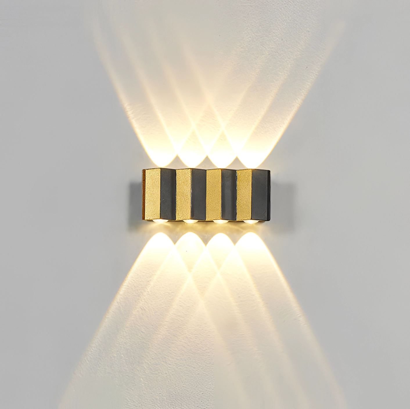 Modern geometric LED wall lamp with a rectangular design, featuring a combination of metal and wood materials. The lamp is displayed as an outdoor waterproof light fixture, showcasing its artistic and stylish appearance.